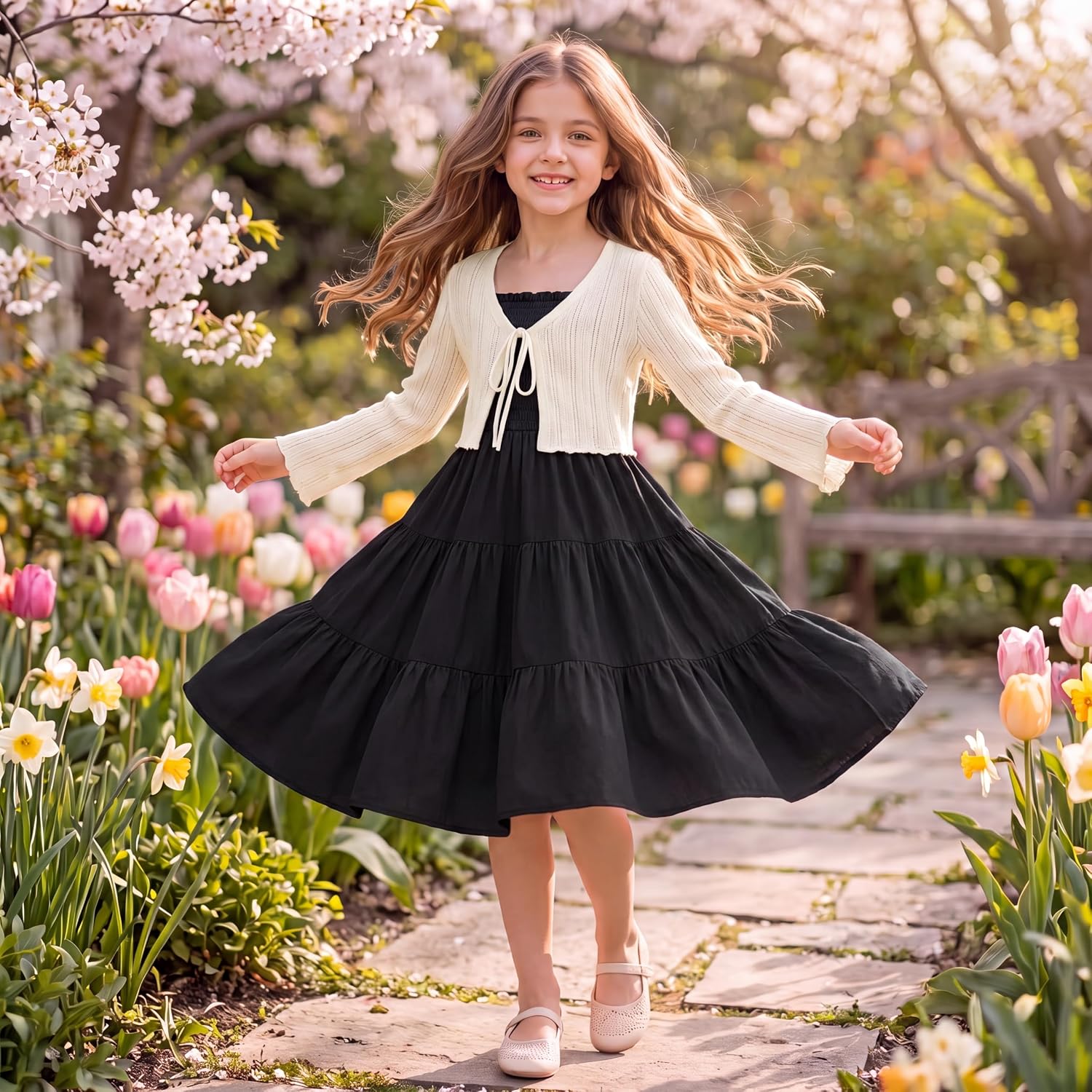 Teen Girl Smock Midi Dress Match Cardigan 2 Piece Set Outfits 7-14Y