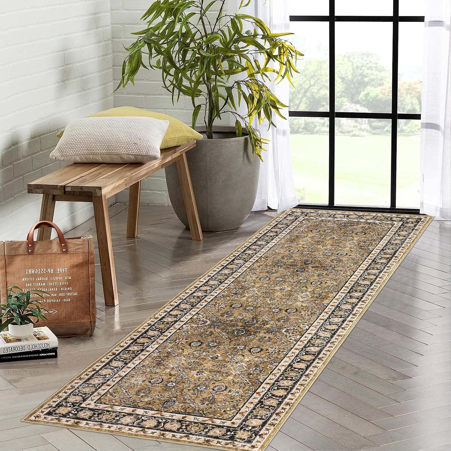 GlowSol Area Rug 2x6 Washable Border Runner Rug Indoor Non Slip Accent Runner Rugs Oriental Vintage Washable Rug Low-Pile Door Mat Floor Carpet for Entryway Bathroom Kitchen