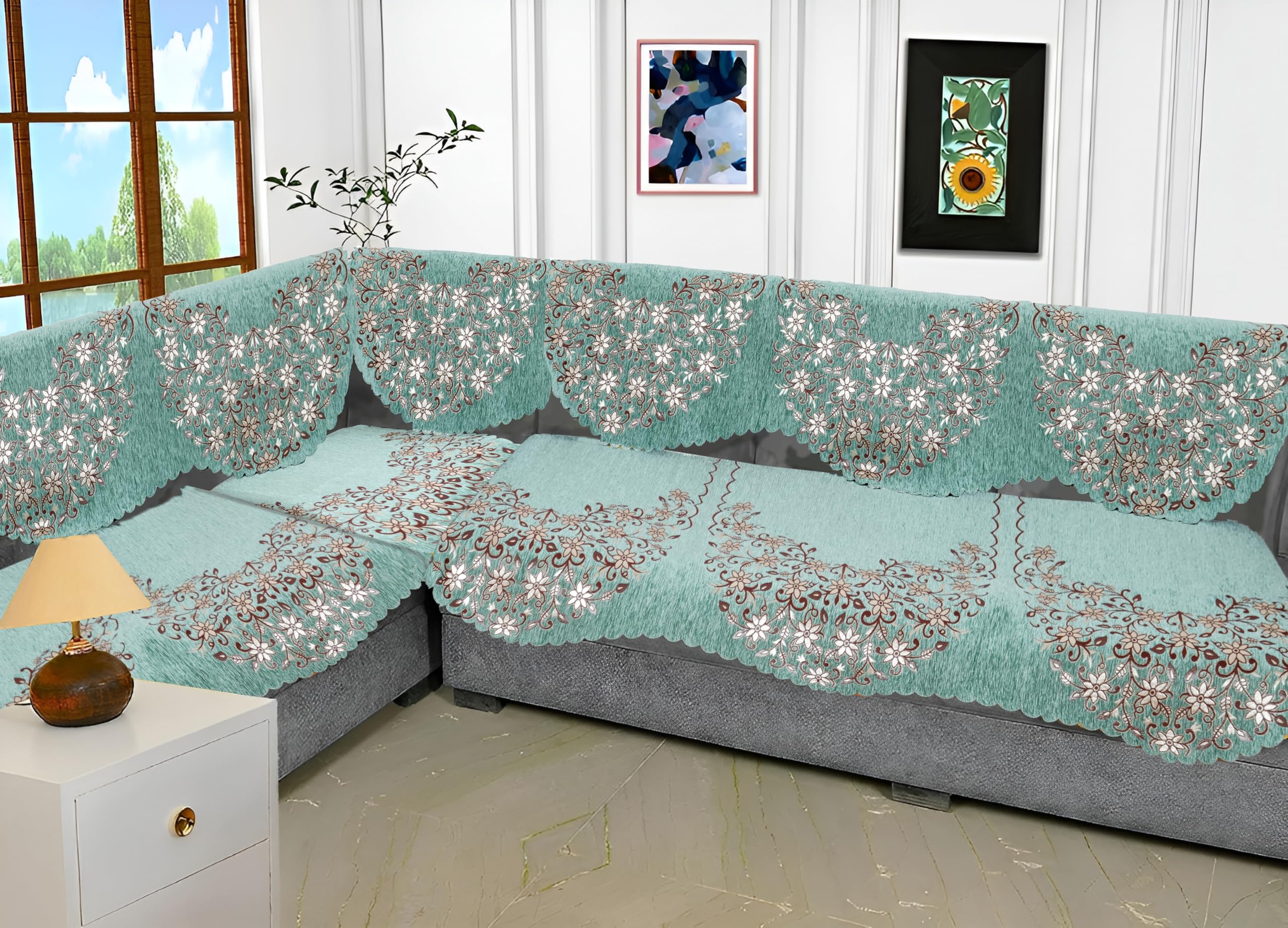 l Shape Sofa Cover 7 Seater | Chenille Anti-Slip Sofa Cover Protector Covers | Sofa Cover for Living Room | Sofa Slipcovers (Sage Green (Design-2), L-Shape)-image-31