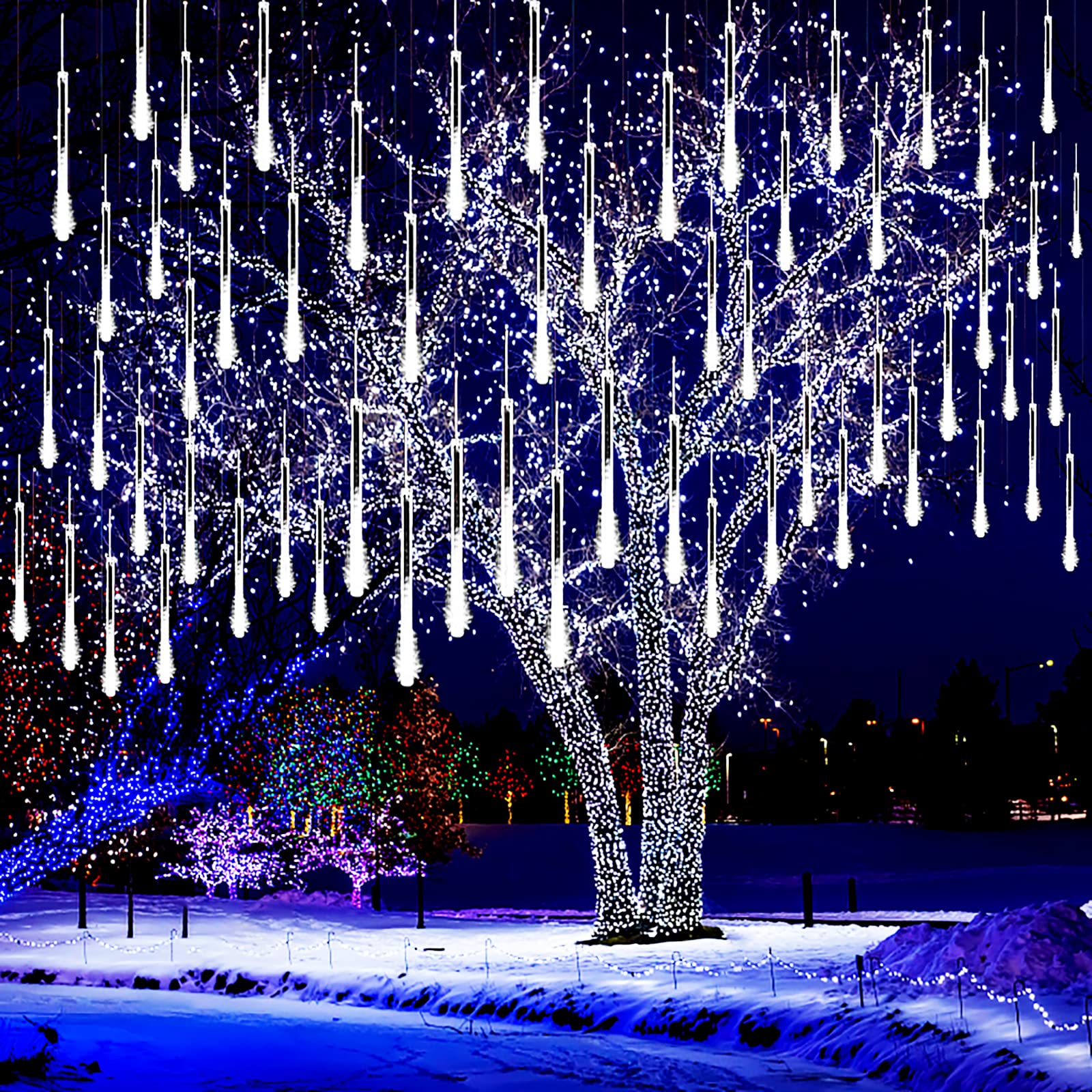 Kwaiffeo Christmas Lights Outdoor, 8 Tubes Meteor Shower Lights LED Snow Falling Icicle Cascading Light for Xmas Tree Wedding Decoration Party, UL Plug, WhiteCarbonfree CertifiedClimeCo Certified