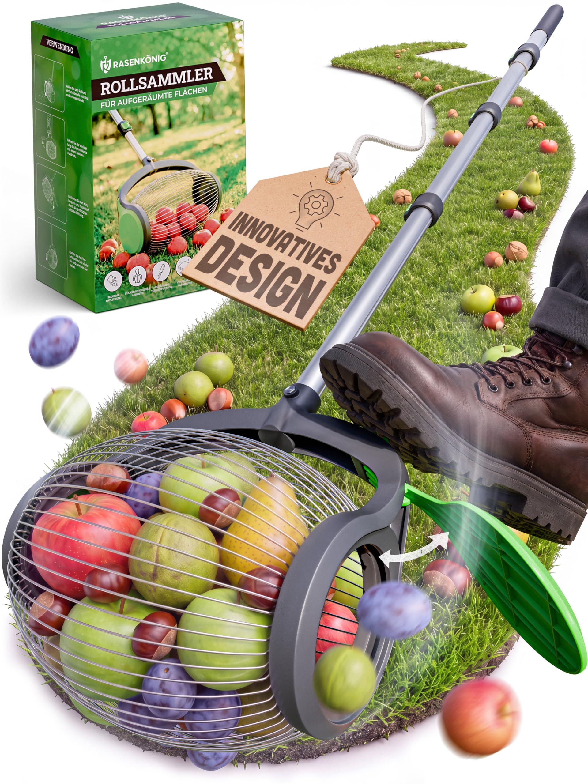 Obstsammler Rollsammler Pro | Äpfel Aufsammler & Fallobstsammler mit Stiel | Apfelsammler, Rollobstsammler, Apfelroller, Apfelaufsammler, Obstaufsammler - Obstrollsammler [Groß]