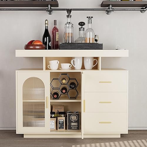 HWB Aparador buffet con almacenamiento con 3 cajones y 2 puertas, sensor automático de 20 luces de color, mesa consola con estación de carga,