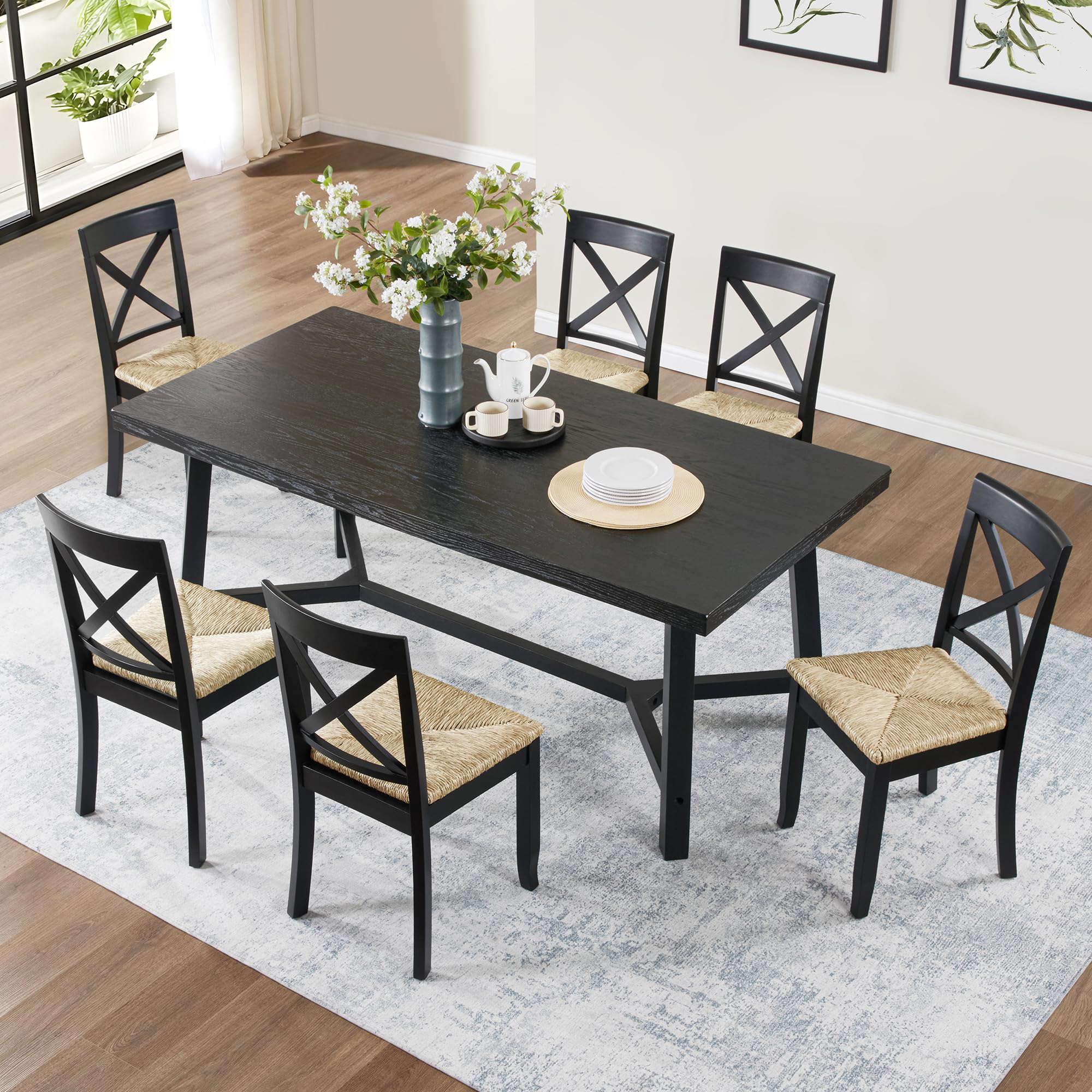 DUHOME Wooden Rattan Dining Chairs Set of 6, Boho Farmhouse Cane Chairs Armless Rattan Accent Chairs with Black Solid Wood Frame for Kitchen Dining