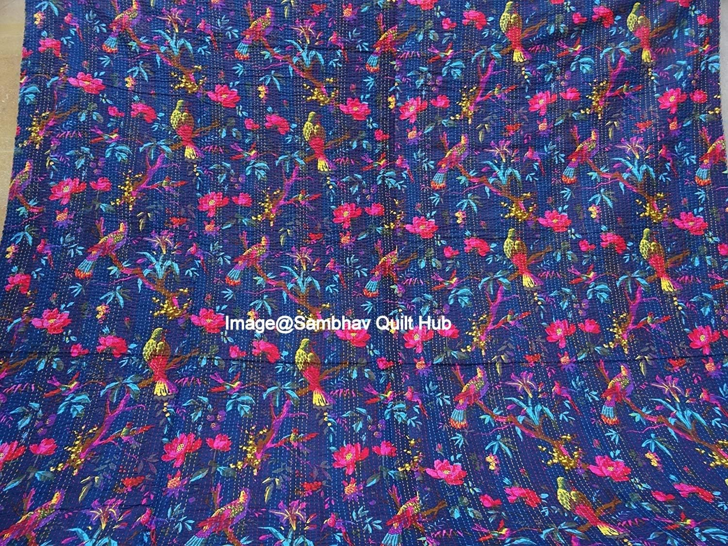 Queen/Twin/King Blue Bird Home Decor Bed Bohemian Bird Queen Bedspread Handcrafted Handmade Quilt Kantha Bird Print Cover Unique Blanket Bedding Quilt (90X108 inch)