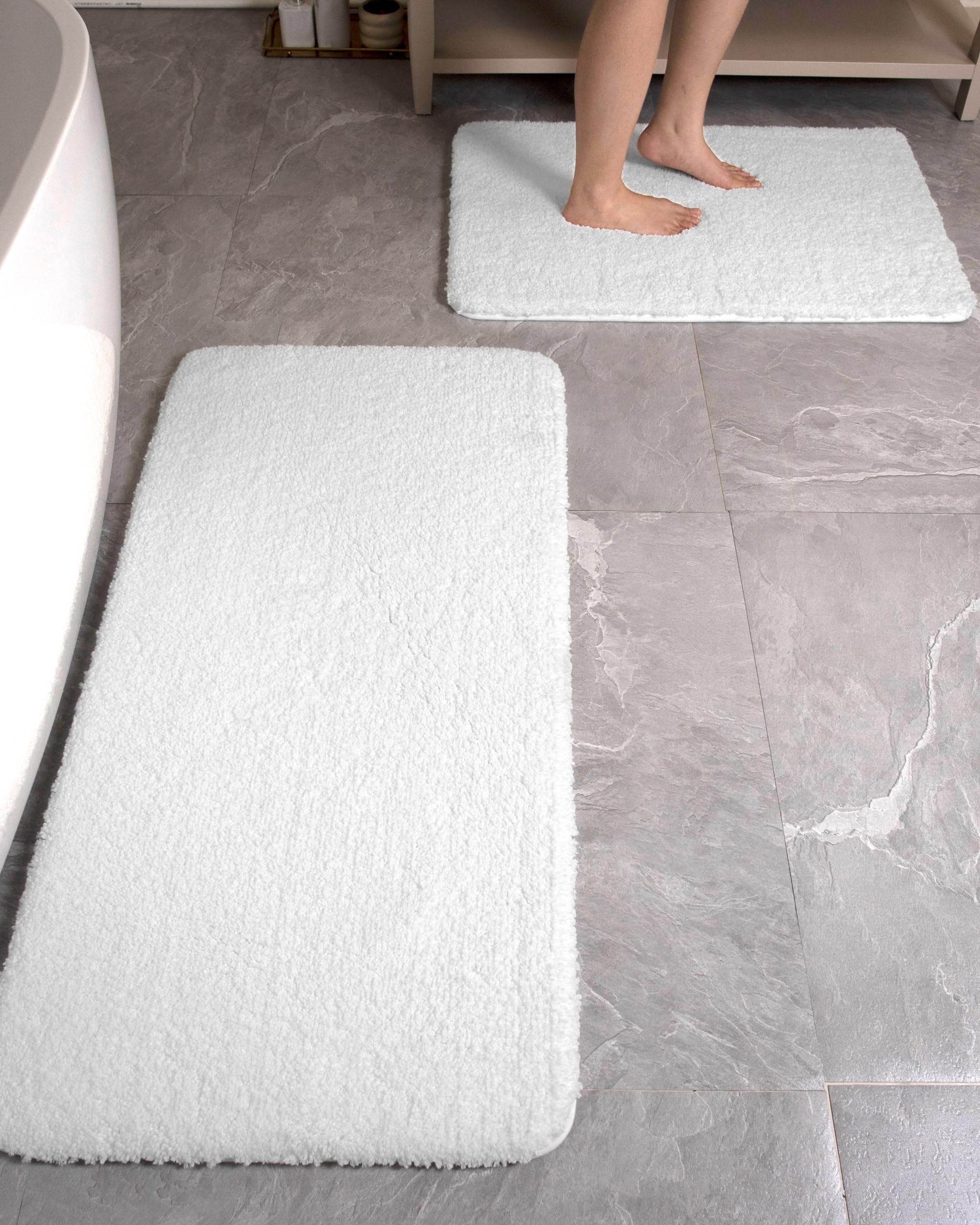 Disolla White Bathroom Rug Sets 2 Piece Fluffy Non Slip Bath Mat Set for Bathroom Floor Washable Plush Shower Mat Luxury Absorbent Bath Rug Set, 17x24 + 24x48 inches