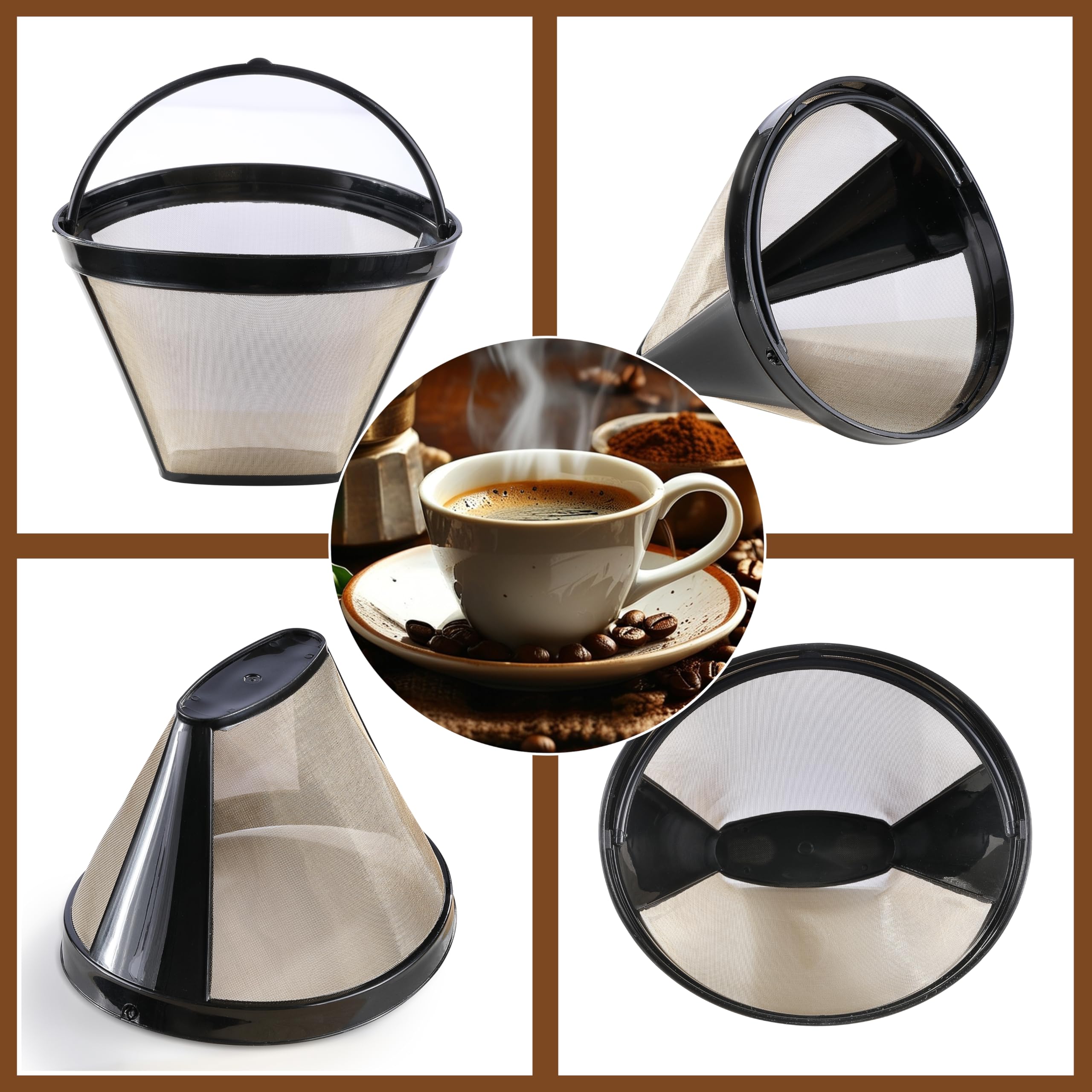 Wiederverwendbare Kaffeefilter, goldfarbenes Metall, permanenter Kaffeefilter, Ersatz für 8–12 Tassen, Kegelfilter, Kaffeemaschinen und Brauer, lebensmittelechter Edelstahl und BPA-frei, 2 Stück