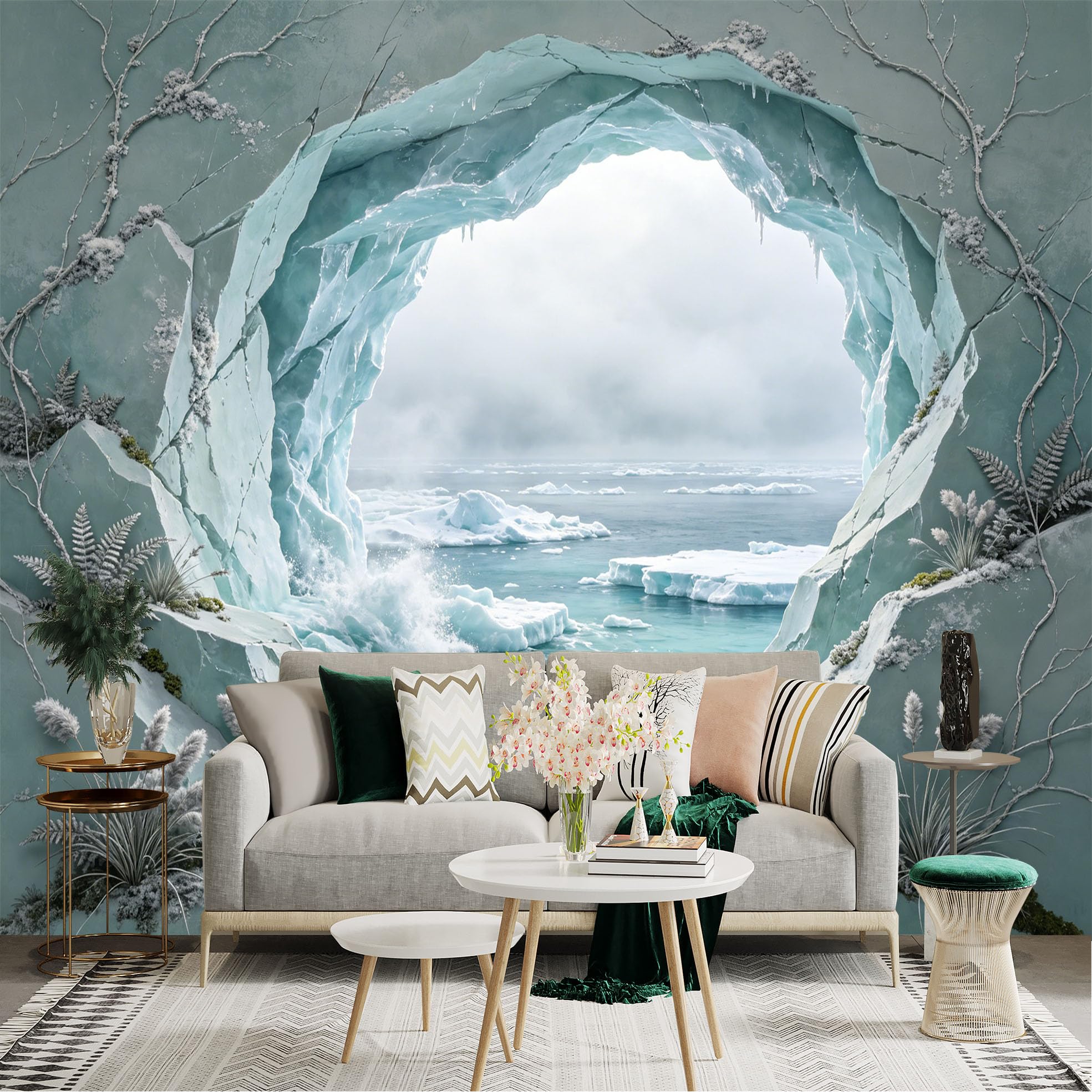 Custom Size Wall Sticker Mural， Frozen Ice Cave with Ocean View and Arctic Landscape， for wall Decoration， peelandstick wall Decals.