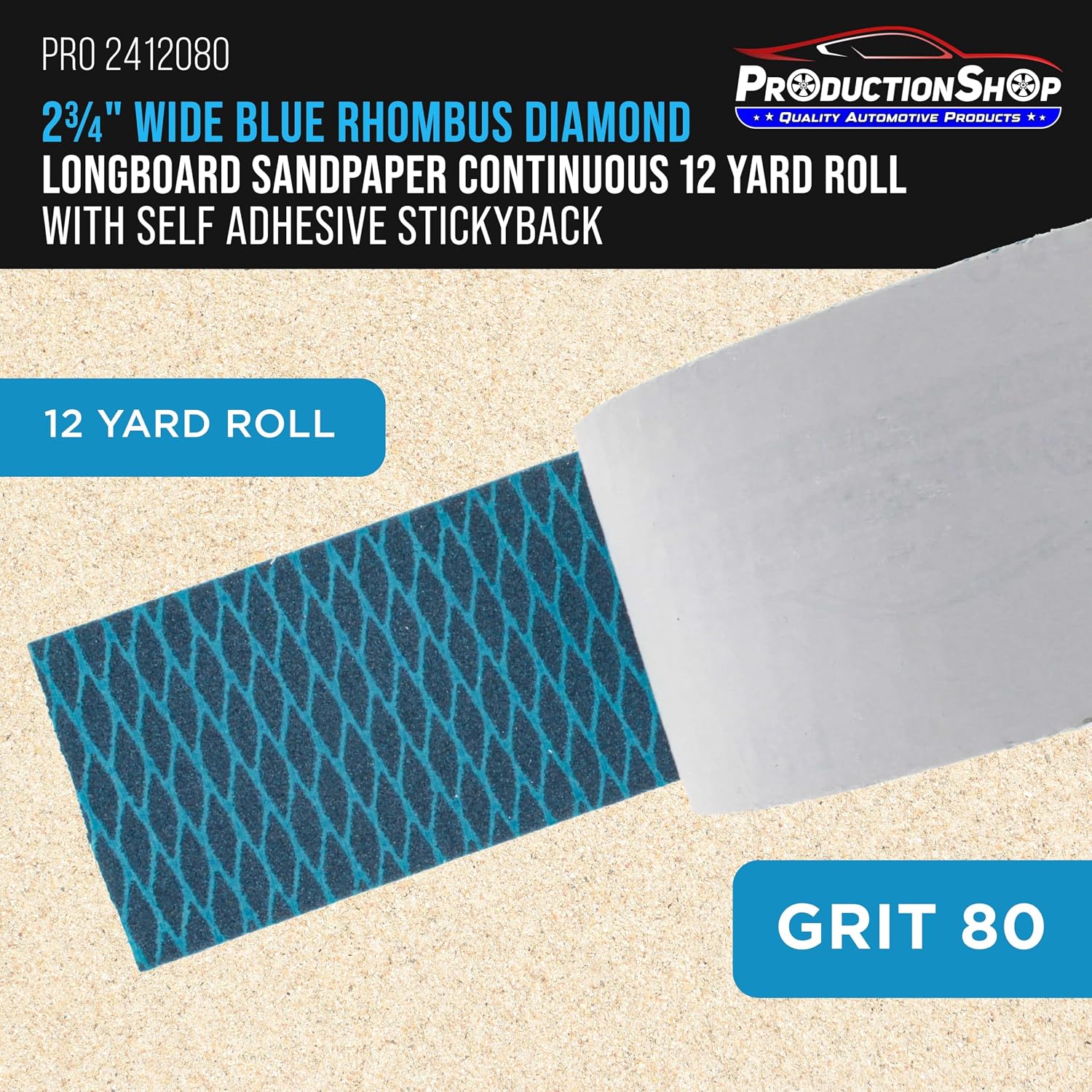 ProductionShop 80 Grit PSA Rhombus Diamond Shape Blue Longboard Sandpaper, 2-3/4" Wide Continuous 12 Yard Roll - Self Adhesive Stickyback for Auto Wood Air File Long Board Sanders, Hand Sanding Block