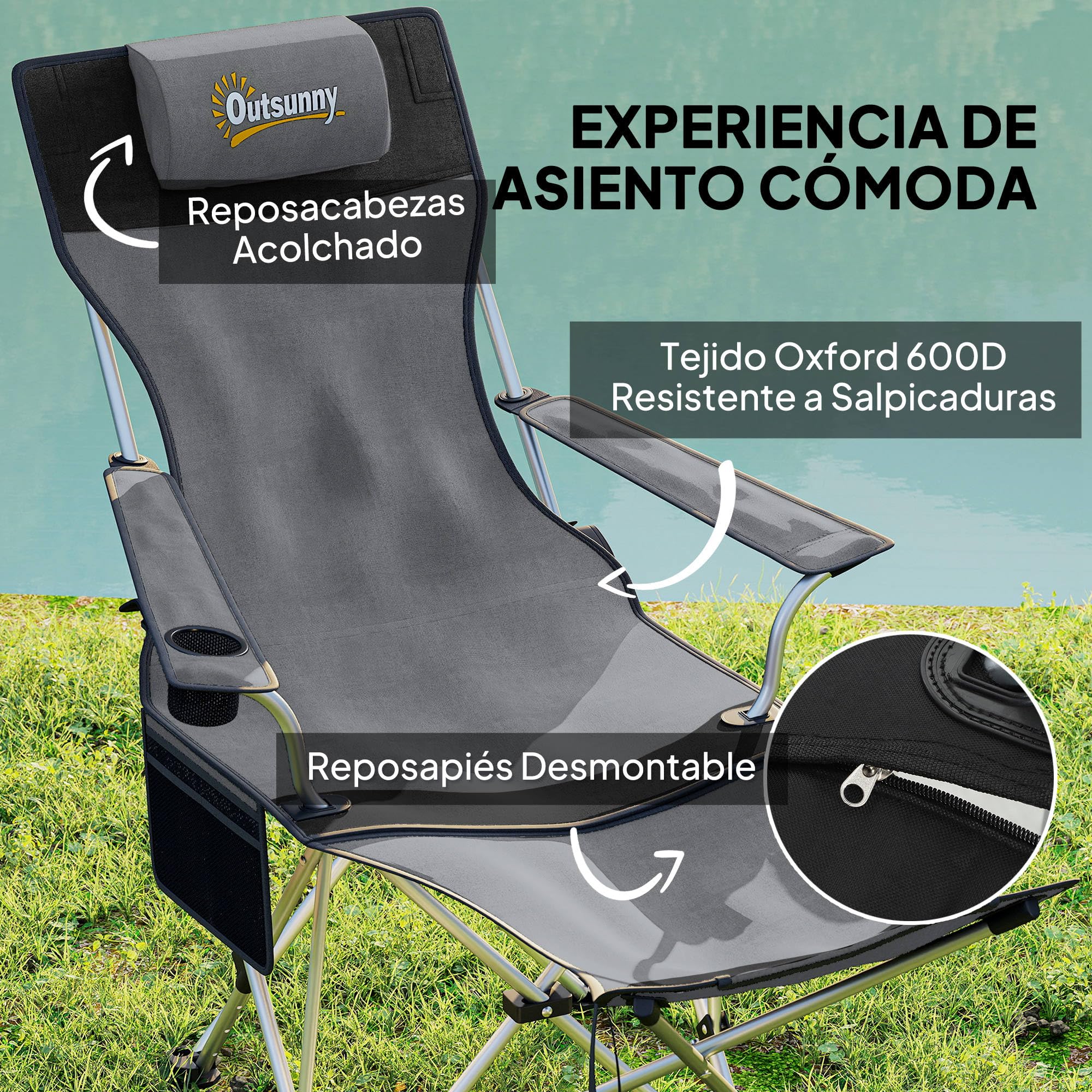 Outsunny Conjunto de 2 Sillas Plegables Camping Tumbonas Camping Portátiles con Reposapiés Desmontable Reposacabezas Portavasos y Bolsa Lateral Carga 120 kg para Jardín Playa Pesca Gris y Negro