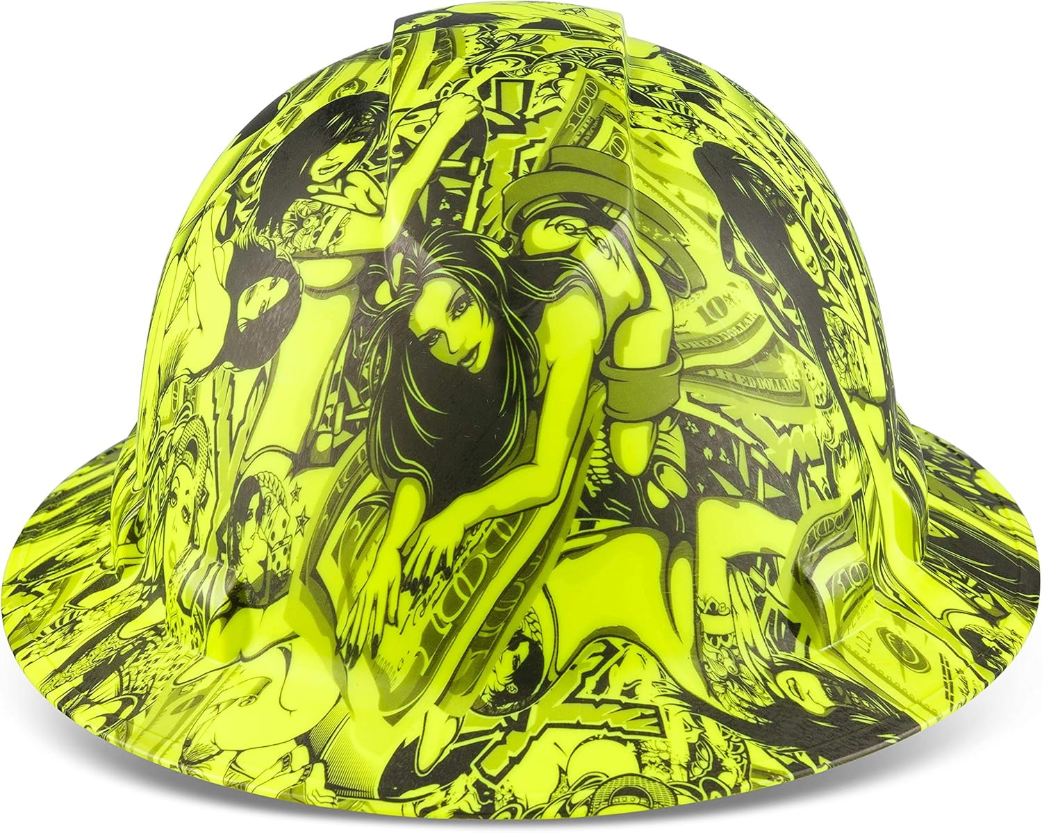 One-Day Sale: Up to 40% Off Full Brim Customized Ridgeline Hi Vis Lime Hard Hat, Custom Money And Honeys Design Safety Helmet, With 6 Point Suspension & Chin Strap, By Acerpal