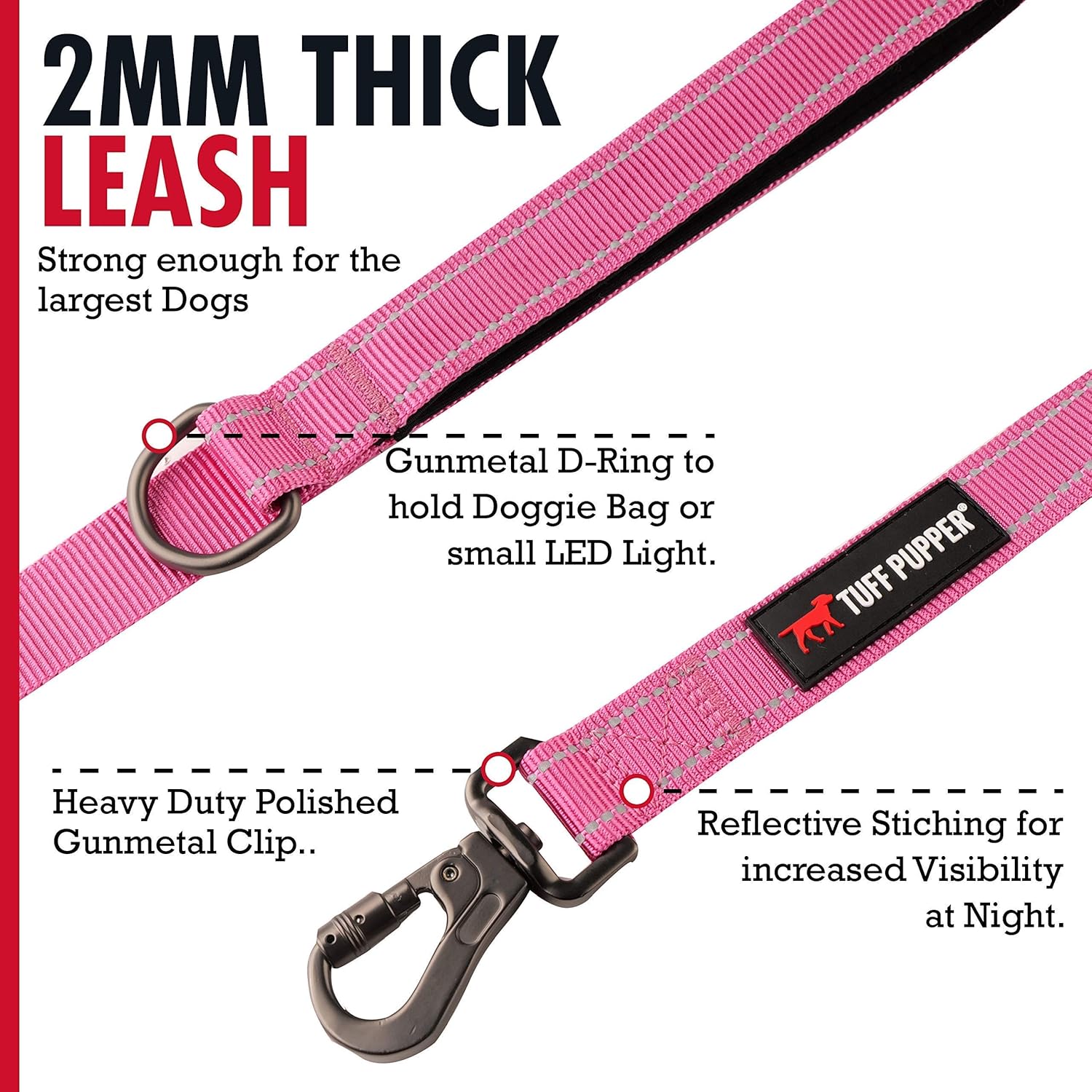 Tuff Pupper Avail Leash and Hero Collar (Neck Size 15-19") | Matching Pink Color | Heavy Duty Ballistic Nylon | Safety Features for Strong Dogs | Reflective for Safe Night Walks