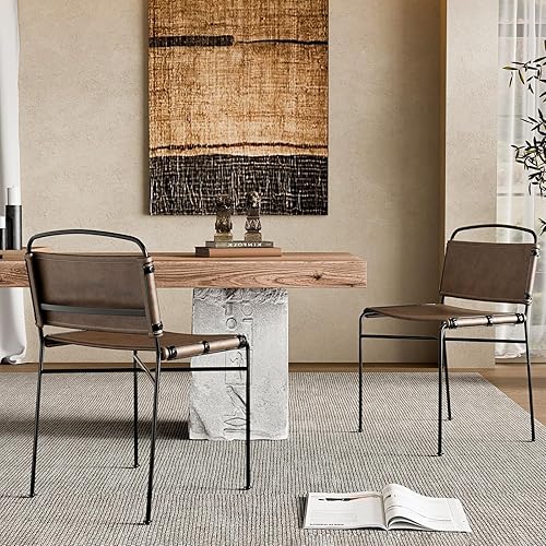 Mid-Century - Juego de 2 sillas de comedor modernas de piel sintética marrón, sillas de comedor sin brazos con patas de metal negro, sillas de