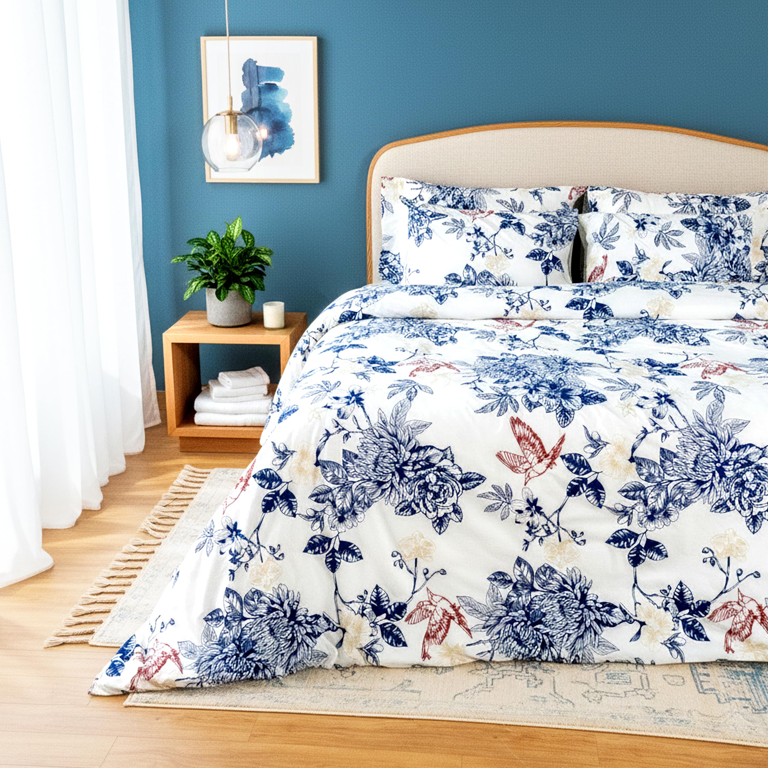 Premium 100% Cotton Queen Size Bedsheet Set(1 Flat Sheet & 2 Pillow Cases)| 200 TC | Vibrant Prints | Soft, Breathable & Durable Fabric |Blue Jay-image-11