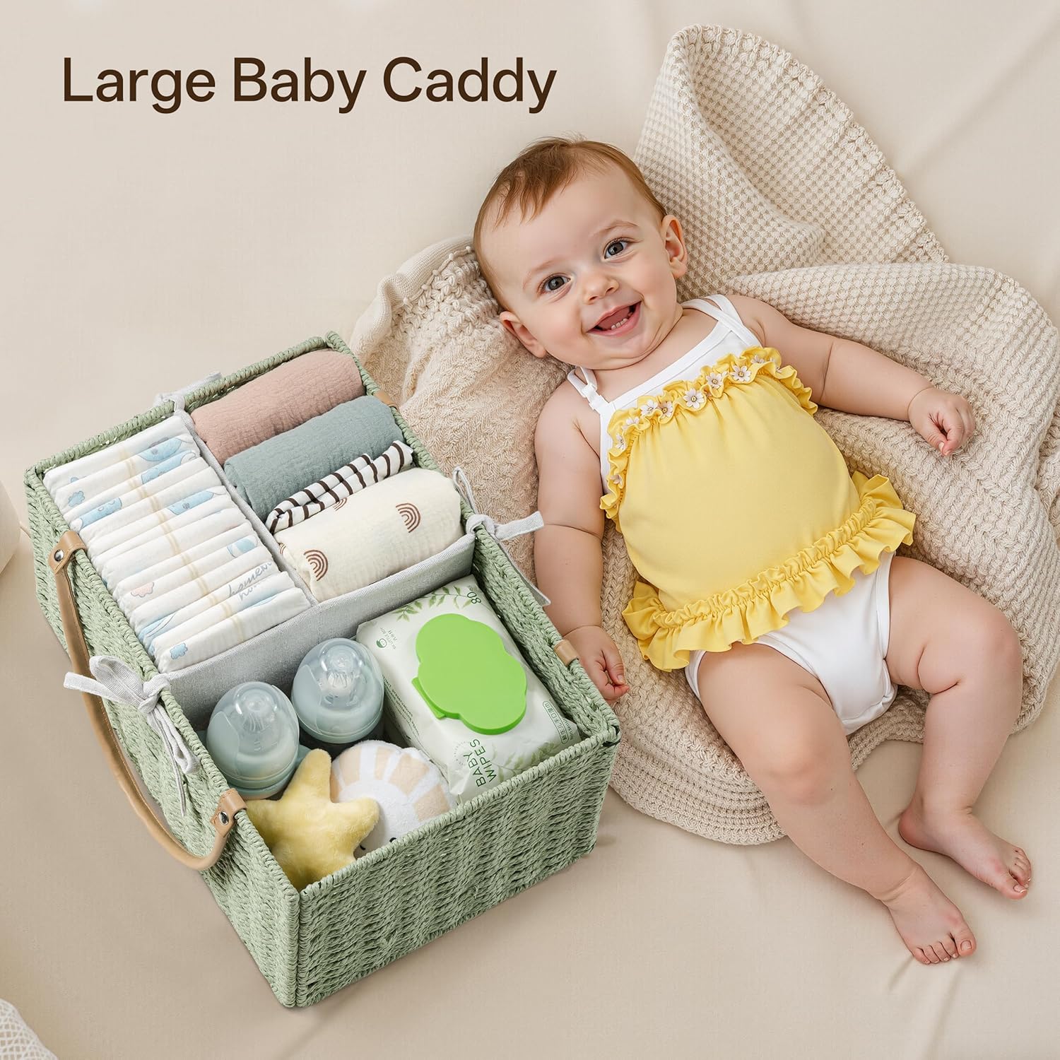 Angelhood Large Paper Rope Diaper Caddy, Baby Essentials Organizer, Portable Baby Shower Baskets Gift Bin, Car Storage Bag for Nursery