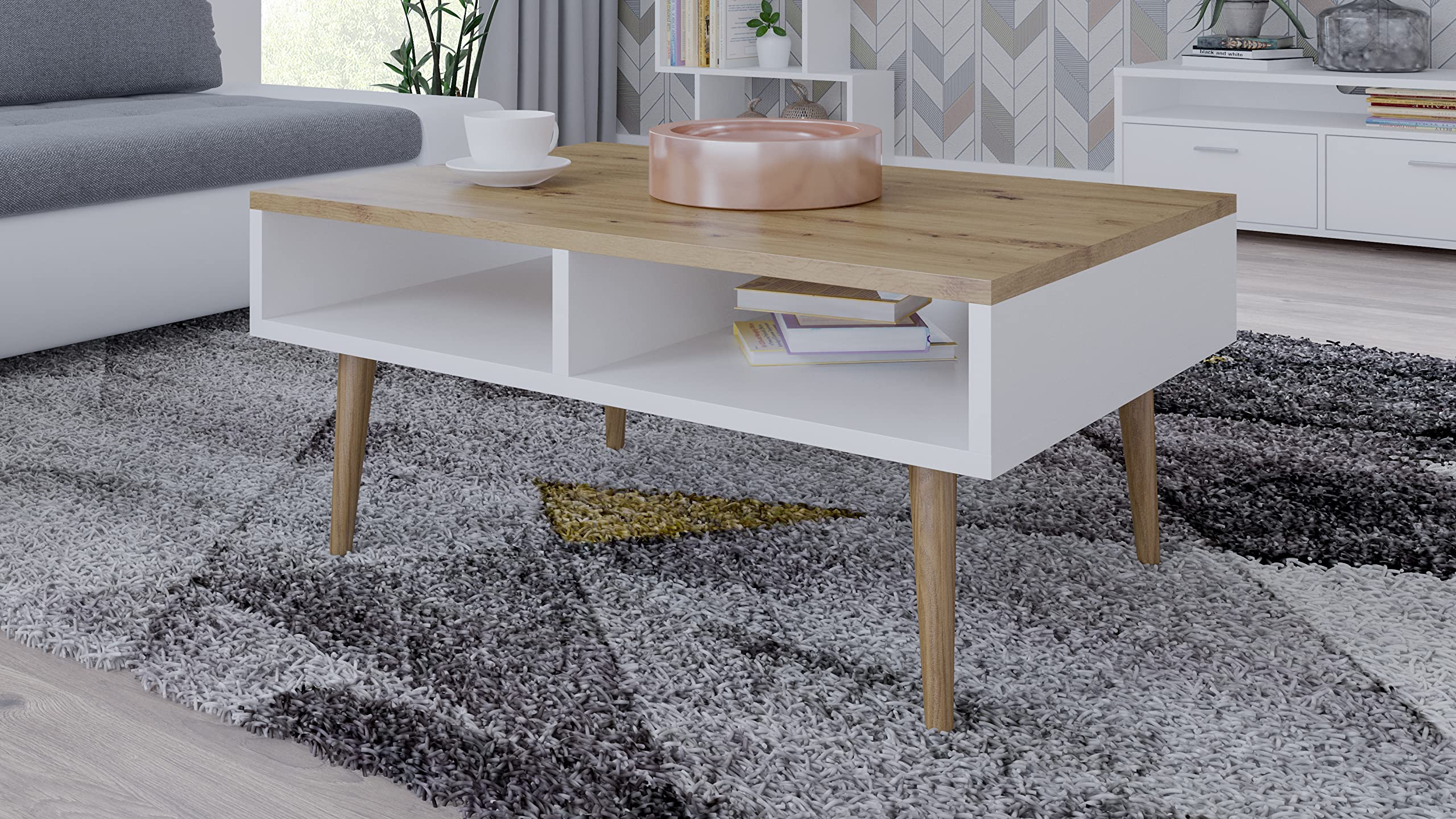 MATKAM Couchtish Isla H46 x B100 x 50 cm, in Retrooptik, 2 offene Ablagefächer, konischen Beine (Artisan Eiche-Weiß)