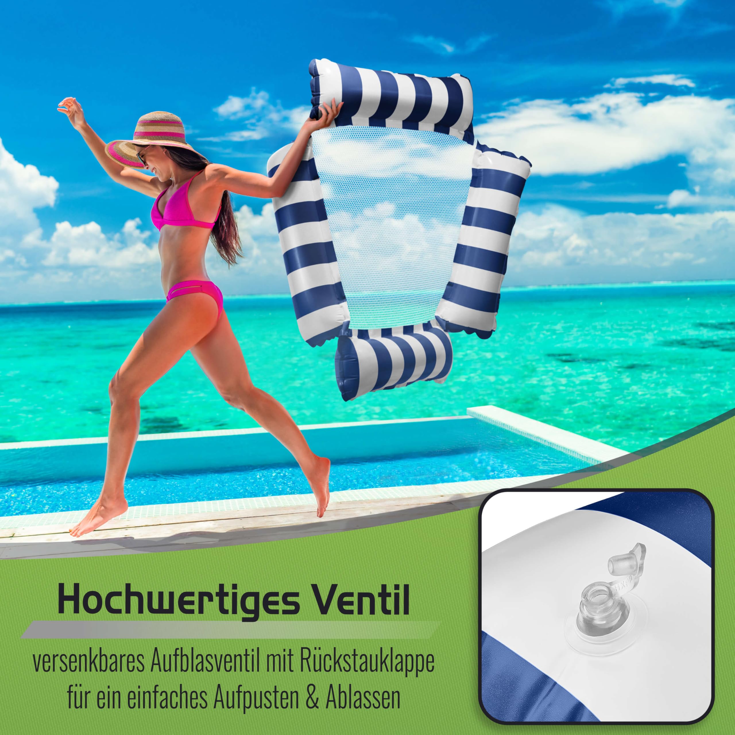 Balinco Nadmuchiwany materac basenowy, hamak wodny z siatką, materac dmuchany z 4 komorami powietrznymi, fotel na imprezę przy basenie, zabawka wodna, hamak, akcesoria basenowe dla dorosłych i dzieci