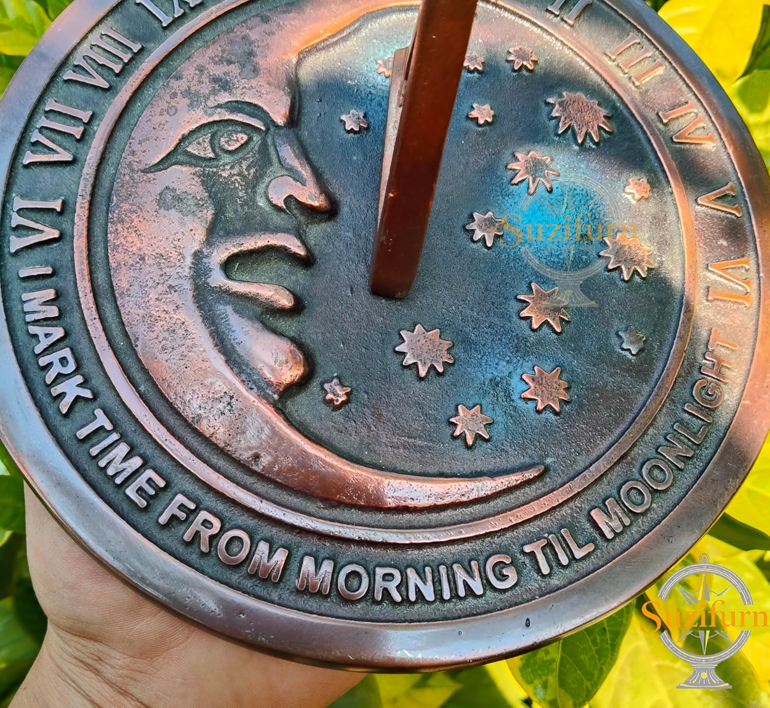 Moon and Star Garden Sundial, Cast Iron with Verdigris Finish