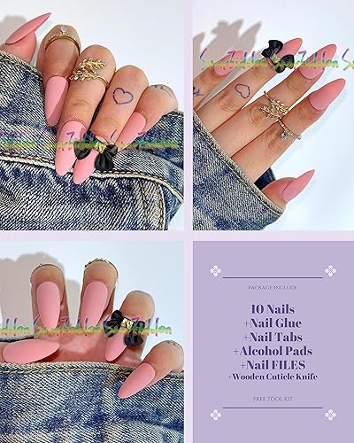 Miniatura 4 de Uñas postizas a presión cortas y mate pintadas a mano, longitud media, color rosa, para disparar, arte de uñas, uñas largas a presión con pegamento