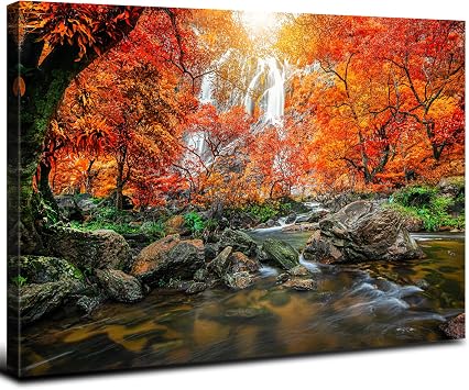 Sunset Waterfall Wall Art Burnt Orange Wall Decor Nature Tropical Forest Landscape Photo Canvas Prints Picture for Living Room Bedroom 12x16, Trees Painting River Scenery Artwork Home Decorations