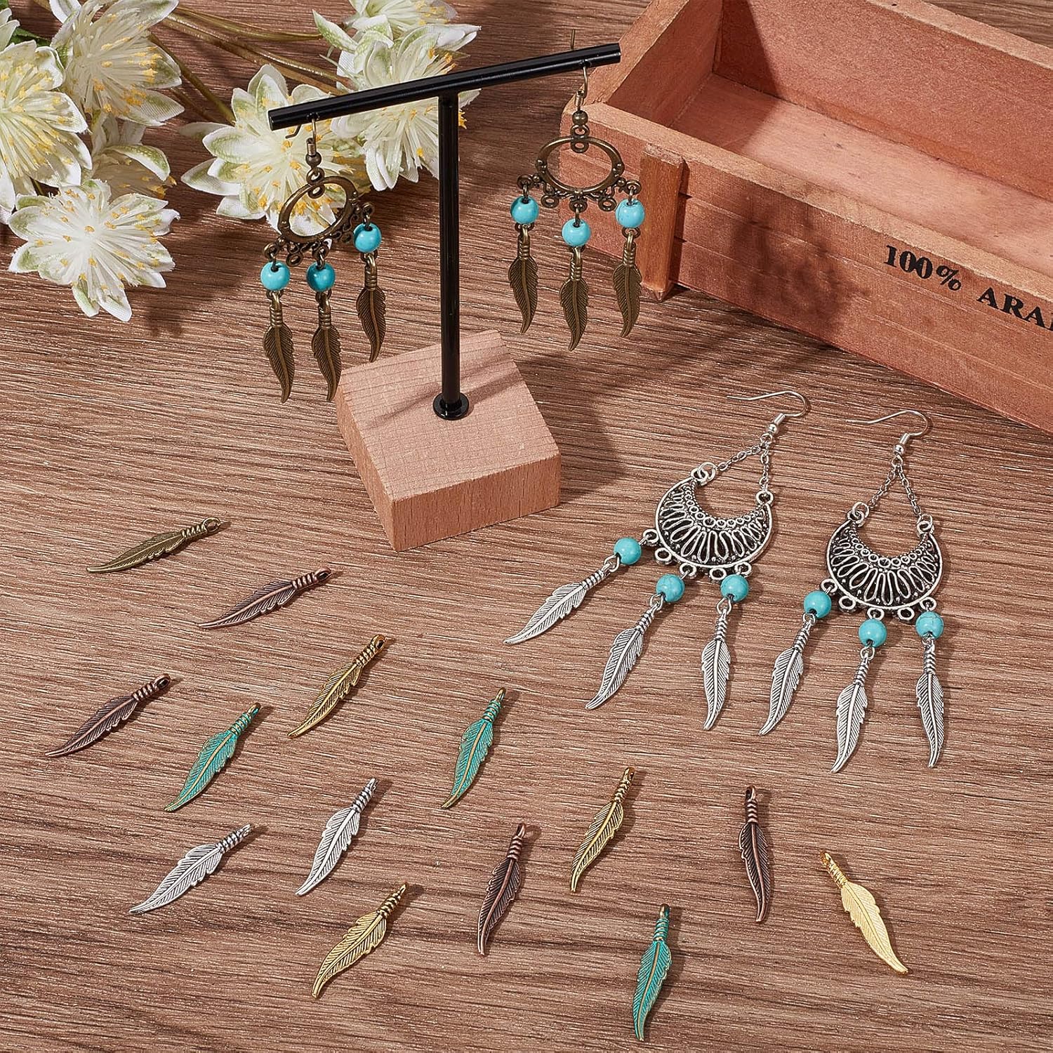 SUNNYCLUE 1 Box 120Pcs Feather Charms Bulk Bohemian Style Small Feather Charm Boho Leaf Shape Mini Dream Catcher Feathers Charm Alloy Charms for Jewelry Making Charms Bracelets Earrings DIY Craft - Image 5