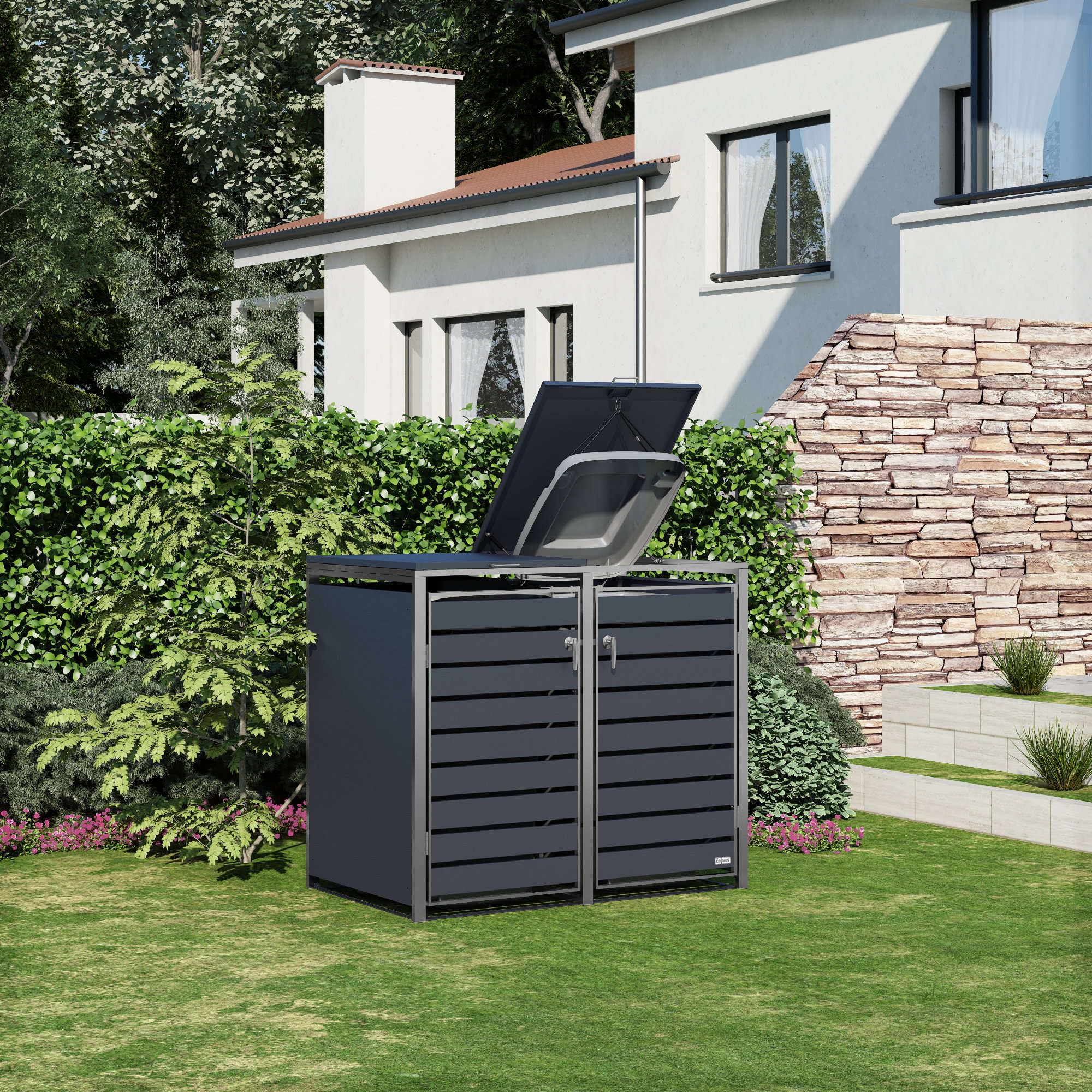 Zelsius Edelstahl Mülltonnenbox 2er Mülltonnen | (B) 132 x (T) 80 x (H) 117 cm | Anthrazit RAL7016 | inkl. Erweiterungsmöglichkeit | Mülltonnenverkleidung, Garten Müllbox, Müllhaus