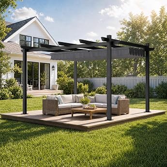 JUMMICO Aluminium Pergola 3 x 4 m with Sliding Roof, Garden Gazebo, Waterproof, Stable, Winterproof, Sun Protection for Garde