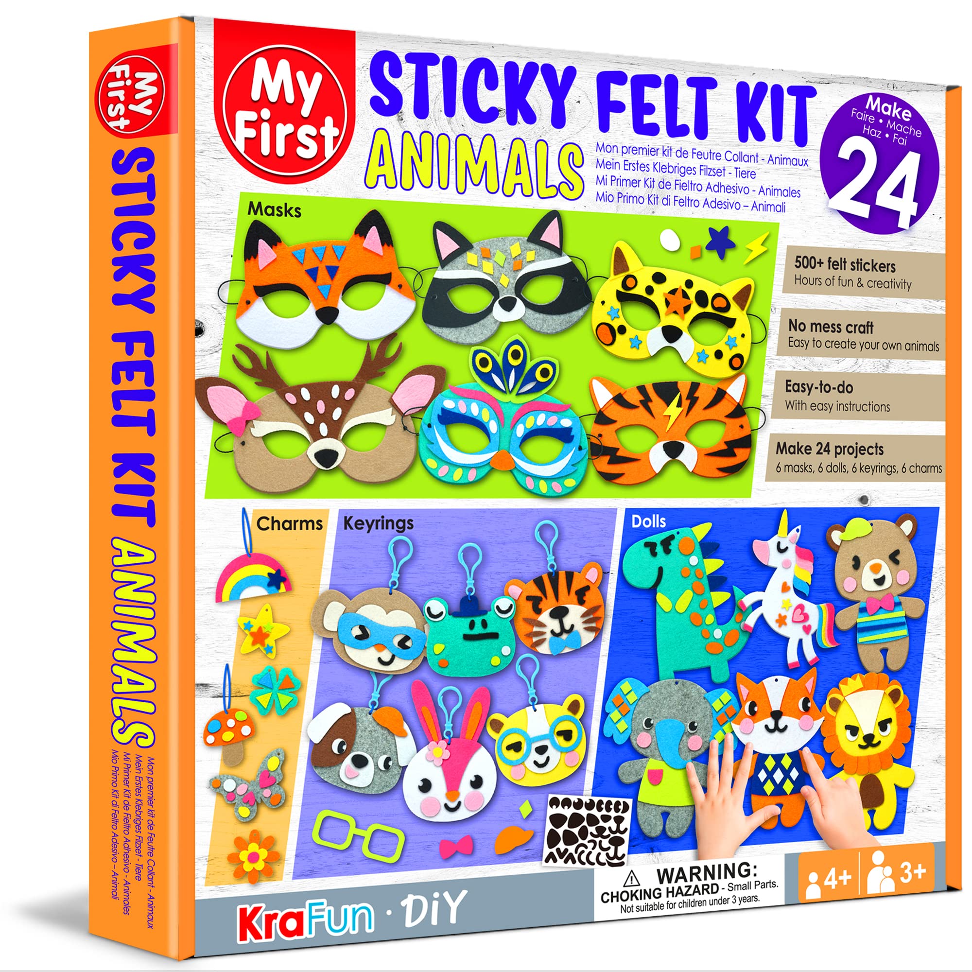 KRAFUN Beginner My First Sticky Felt Kit Animal for Kids Art & Craft, Includes 20 Easy Projects for Party Masks, Dolls, Keyrings and Charms, Instruction & Felt Materials for Learning DIY Skills
