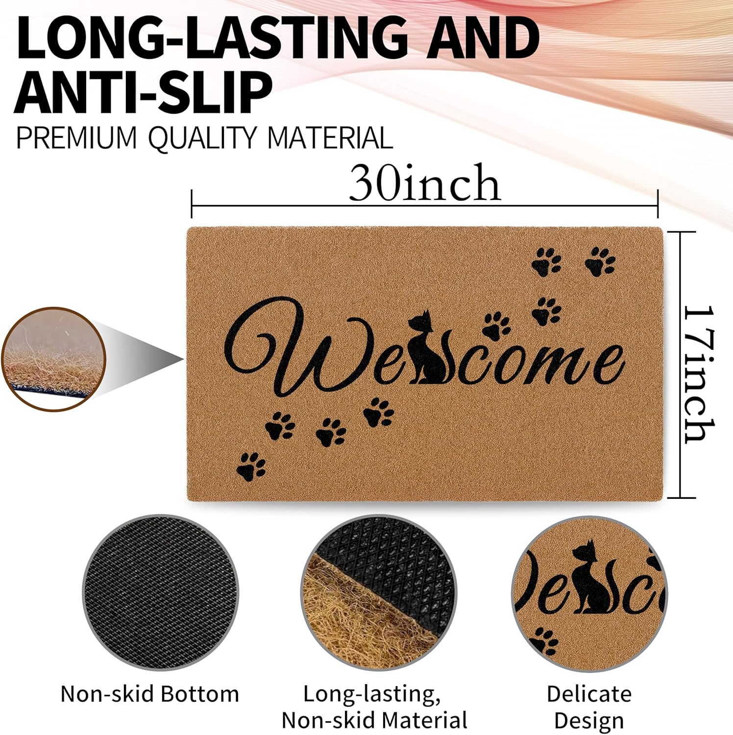 Black Cat Welcome Doormat, Cute Funny Cat Outside Front Door Mat for Indoor/Outdoor Entrance, Rustic Artificial Coir Door Mat Rug for Cat Lovers, Porch Entry Patio Kitchen Decor 30x17in