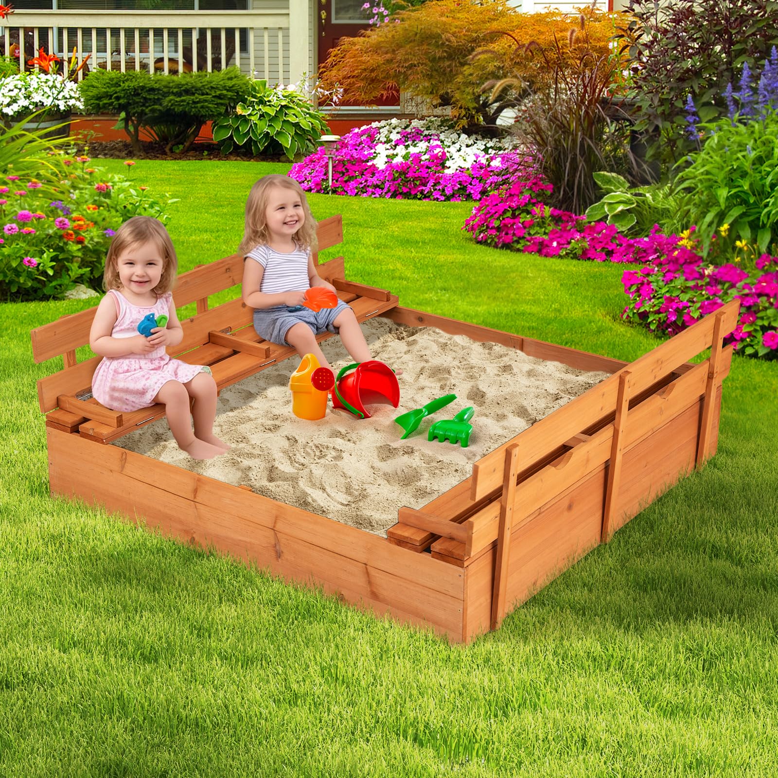 RELAX4LIFE Sabbiera con 2 Panchine per Bambini in Legno, Sabbiera con Coperchio, Sandbox per Giardino, Patio e Cortile 125 x 118 x 42,5 cm