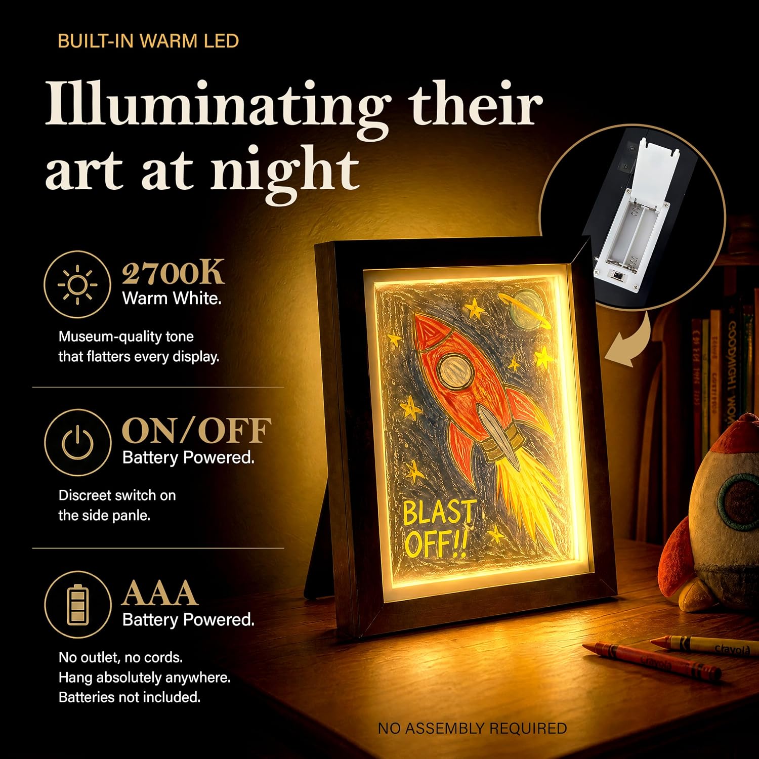 Kids Artwork Frame Changeable with Built-in LED Light & Integrated Battery Box, Set of 2 Black Childrens Art Display Frame 8.5x11 A4, Extra Deep 1.5" Shadow Box Storage for 150 Pages, Hang or Stand