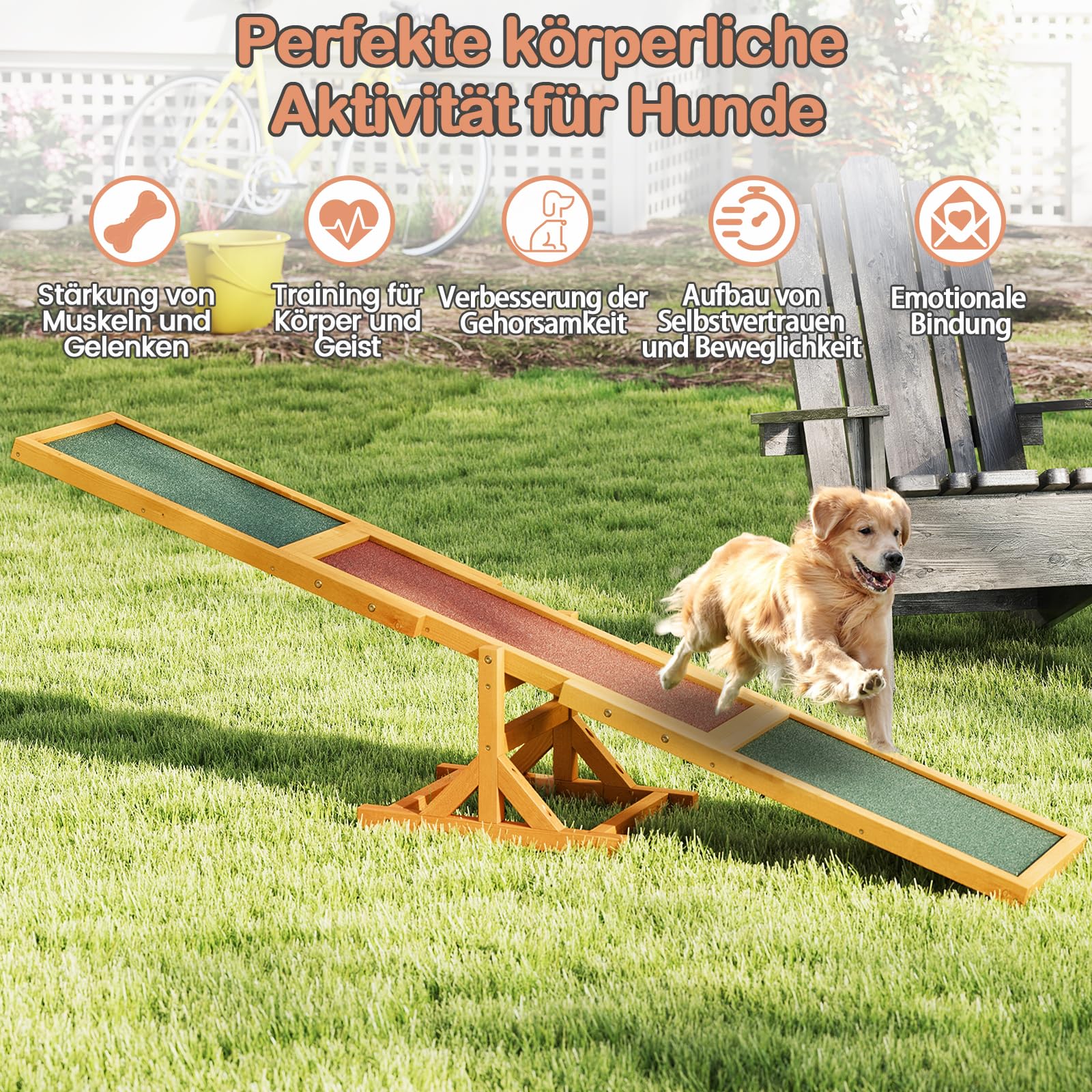 COSTWAY Hundewippe Holz, Hunde Agility Wippe, Outdoor Hundesport für Balance-Training, für kleine & große Hunde bis 60 kg, wetterfestes Spielset, 179 x 30 x 55 cm (Gelb)