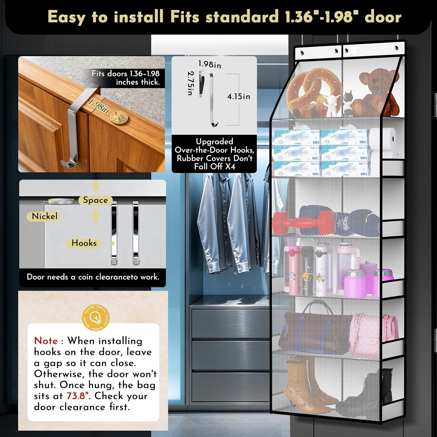PAULONE 6-Tier Over Door Organizer 71" Tall – Hanging Storage with 2 Sizes of Large Deep Pockets (24.3" W x 8.9" D), 98 lbs Capacity, for Bedroom Closet, Bathroom, Nursery & Kitchen