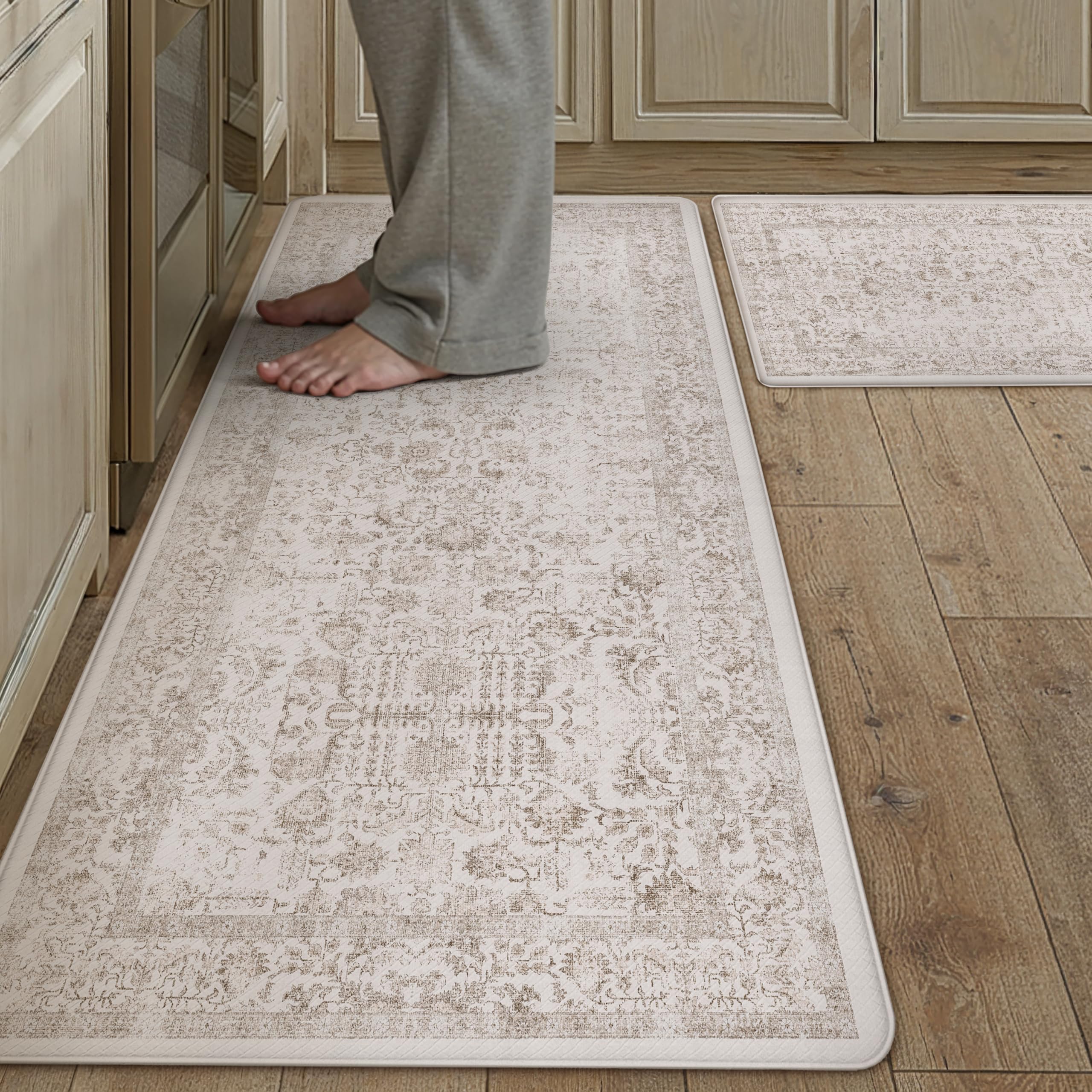 Kitchen Mats 2PCS Anti Fatigue Cushioned Mat Beige Vintage Kitchen Mats for Floor Waterproof Non Slip Comfort Standing Oriental Medallion Rug for Sink Laundry Office 17.3"x47"+17.3"x30" — view 24