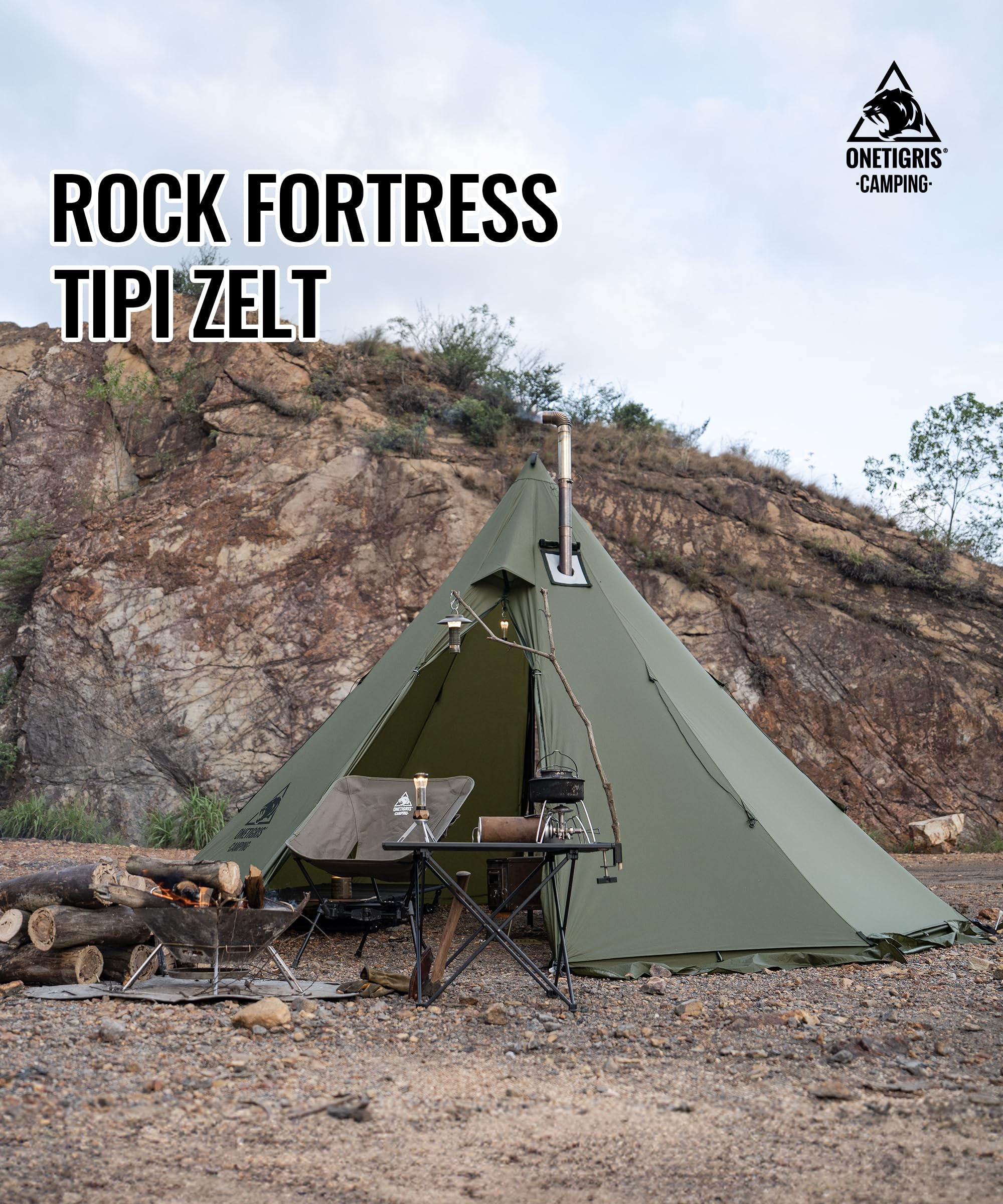 OneTigris Rock Fortress Tipi Tienda de campaña para 4-6 personas, tienda piramidal con barra para tienda de campaña para 4 años, 3000 mm de columna de agua para exteriores, camping, senderismo