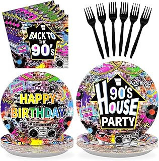 96 Pcs 90's House Party Supplies Disposable 90s Party Paper Plates and Napkins Retro Graffiti Wall Back To The 90' Tableware Set for Men Women 90s Birthday Hip Hop Party Decorations Serves 24