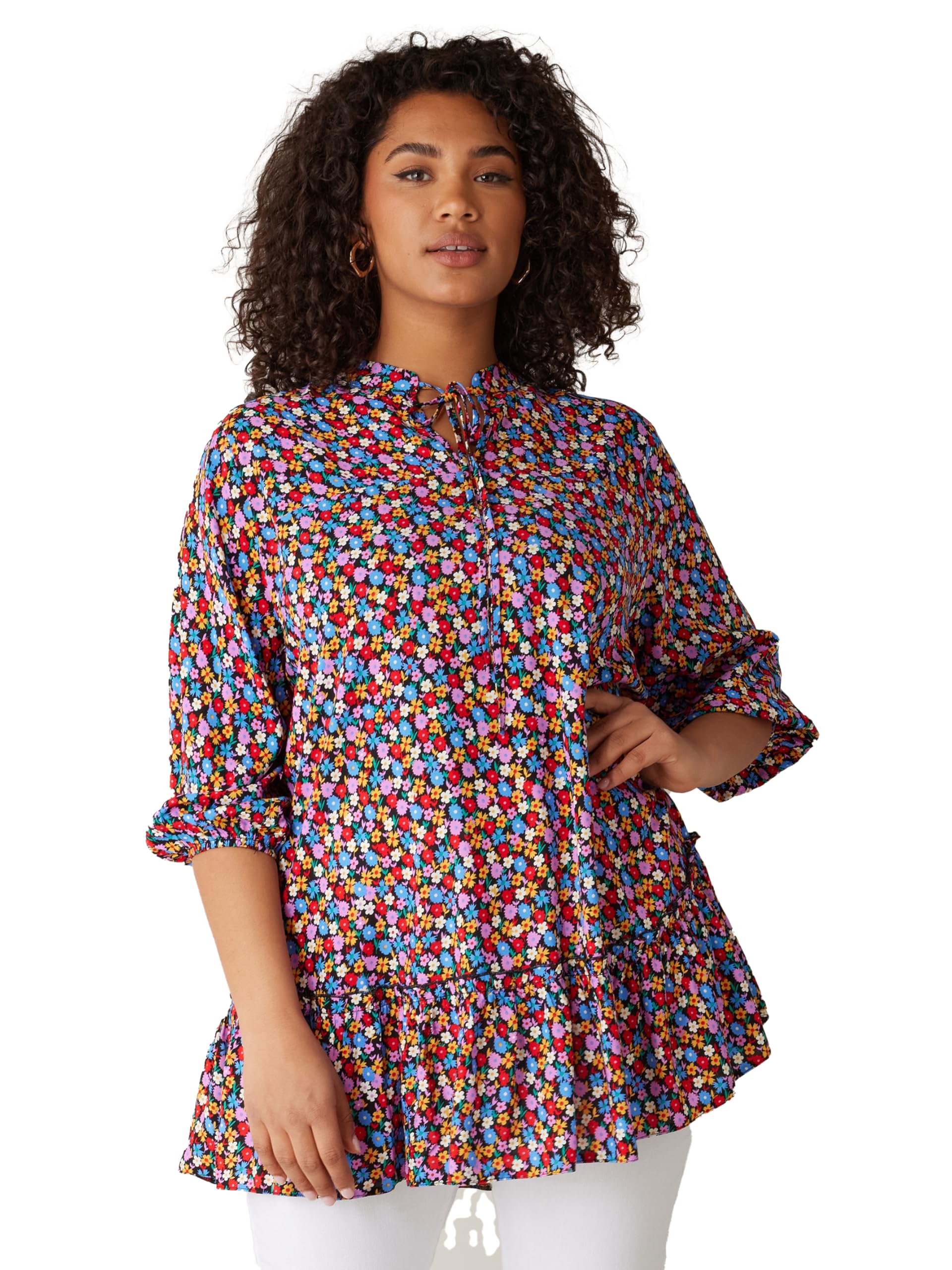 Evans Women's Pink Curve & Blue Floral Tie Neck Blouse - Plus Size Curve