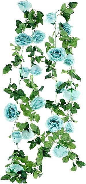 FiveSeasonStuff 2 Blue Artificial Flower Garlands, Silk Rose Vine Leaves Hanging Plant Foliage for Home Wedding Garden Trellis Gazebo Party Wall Decoration 4.4 metres (14.4 feet)