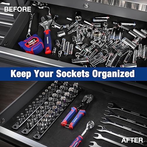 Miniatura 2 de WORKPRO Organizador Magnético de Dados, Riel de Dados de Aleación de Aluminio de 1/2 Pulgada, Soporte de Dados Resistente, Kit de Estante de Dados