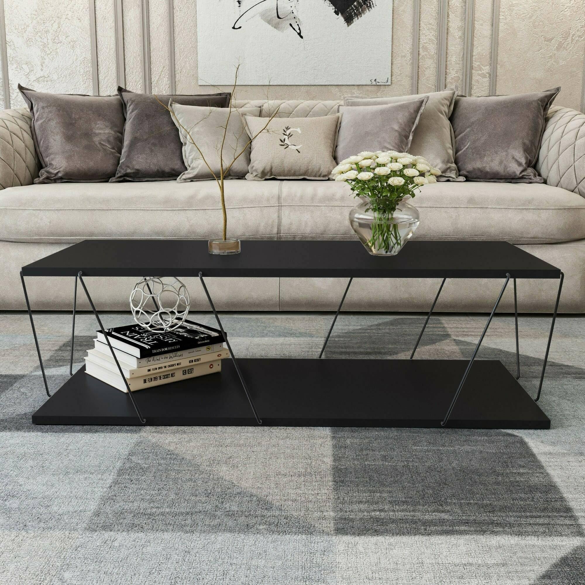 Tavolino da Salotto Harmonia, Tavolo Basso da caffè, Portariviste per Divano, Ripiano da Soggiorno, 120x50h30 cm, Antracite e Nero