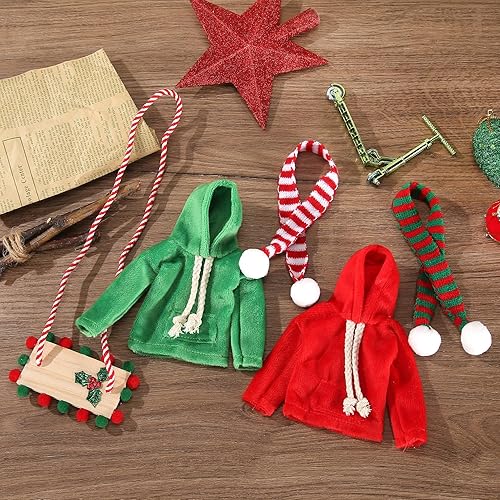 Miniatura 4 de Juego de accesorios de muñeca de elfo de Navidad, 6 piezas, ropa de elfo con sudadera, bufandas, columpio de madera, accesorio divertido de elfo