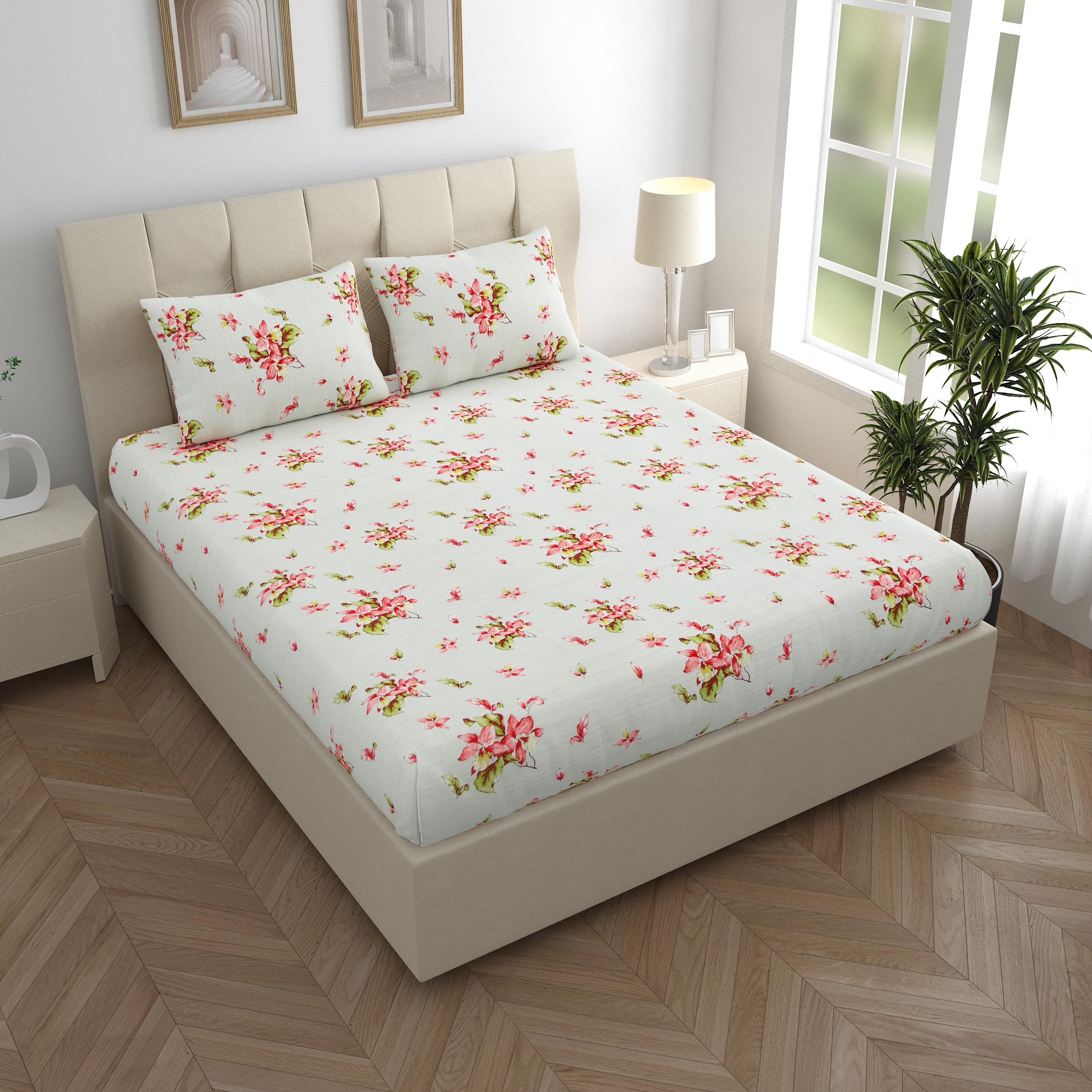 LINENWALAS 100% Cotton Queen Size Fitted Bed Sheet for Double Bed, Printed All Around Elastic Bedsheet (60 x 78 Inches) with 2 Pillow Covers | 210 TC Soft, Breathable, Luxury Bedsheet (Coral Garden)