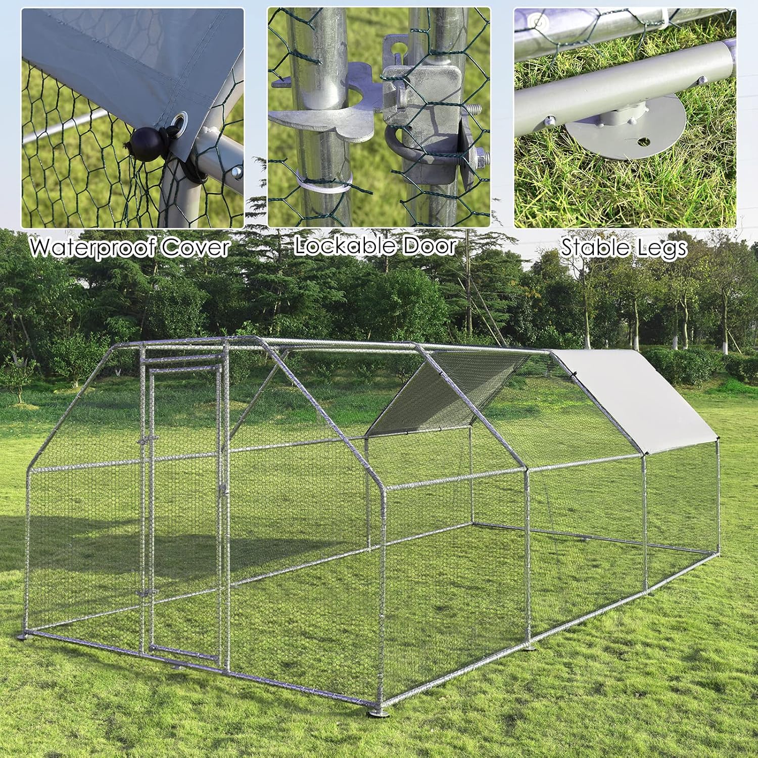 PETSITE Large Metal Chicken Coop Walk-in Poultry Cage Chicken Run House, Flat Shaped Duck Hen Pen with Water-Proof Cover for Outdoor Backyard Farm Use