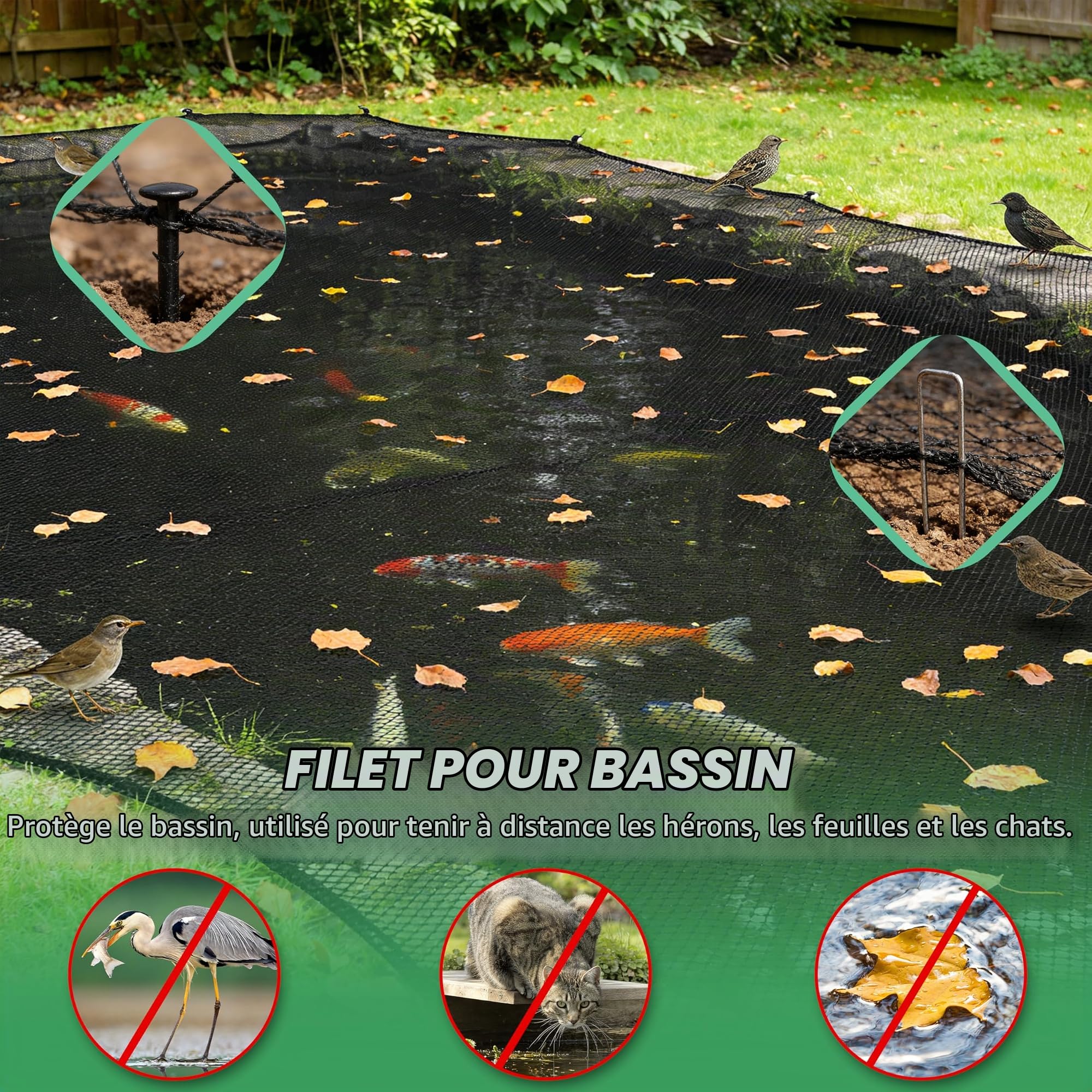 Filet Anti-Oiseaux pour Bassin 8×8m, à Mailles Fines (15×15mm), Anti-Feuilles, 20g/m², Tressé à 3 Brins, avec 20 Piquets de Fixation et 30 Serre-Câbles, pour Jardin et Potager (64m² - 8x8m)