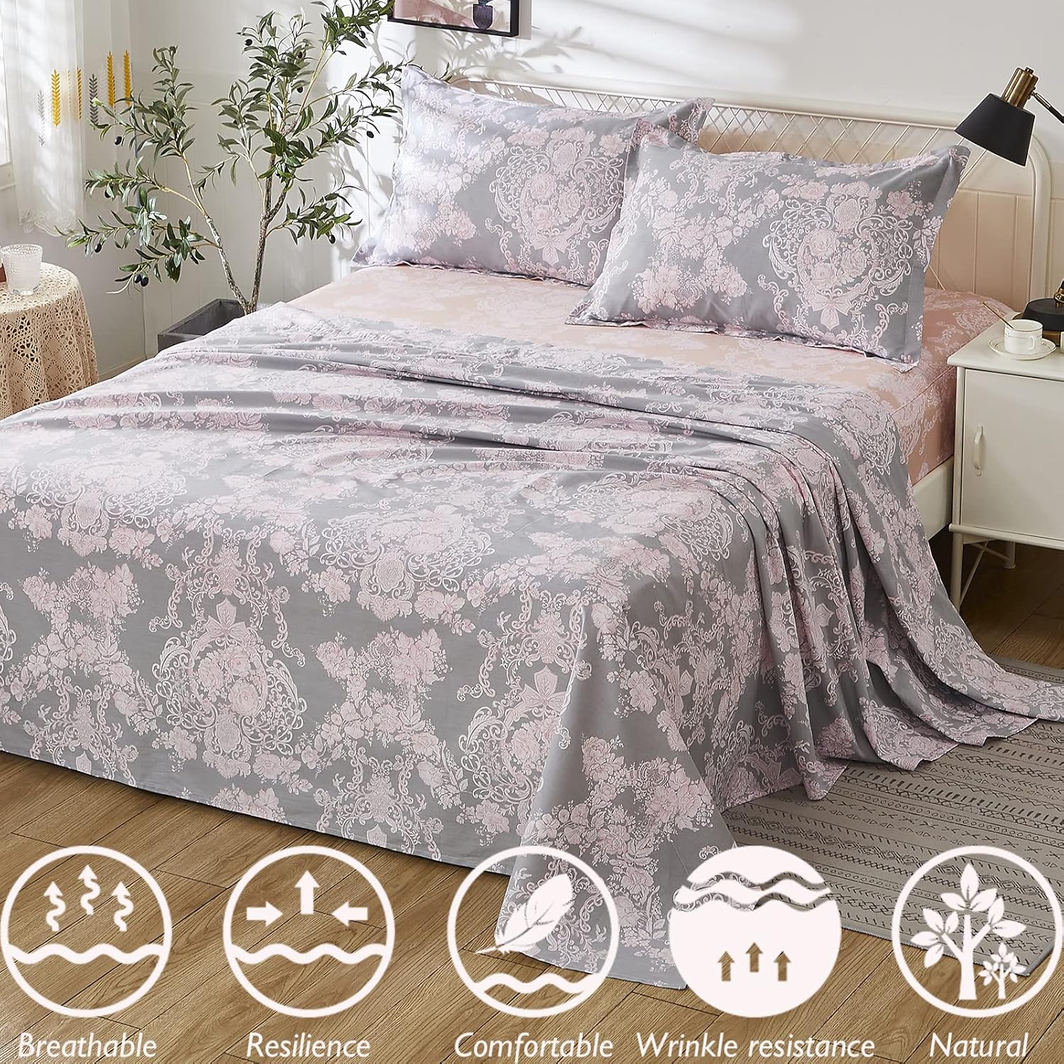 Brandream Full Size Sheets Cotton Bed Sheet Set Sets French Toile Floral Sheets Pink Grey Bed Sheet Set Deep Pockets 18 Inch 4 Piece