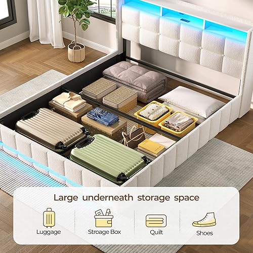 Miniatura 5 de Rolanstar Marco de cama tamaño completo con almacenamiento elevable, estación de carga y luces LED, cabecera tapizada con almacenamiento, listones
