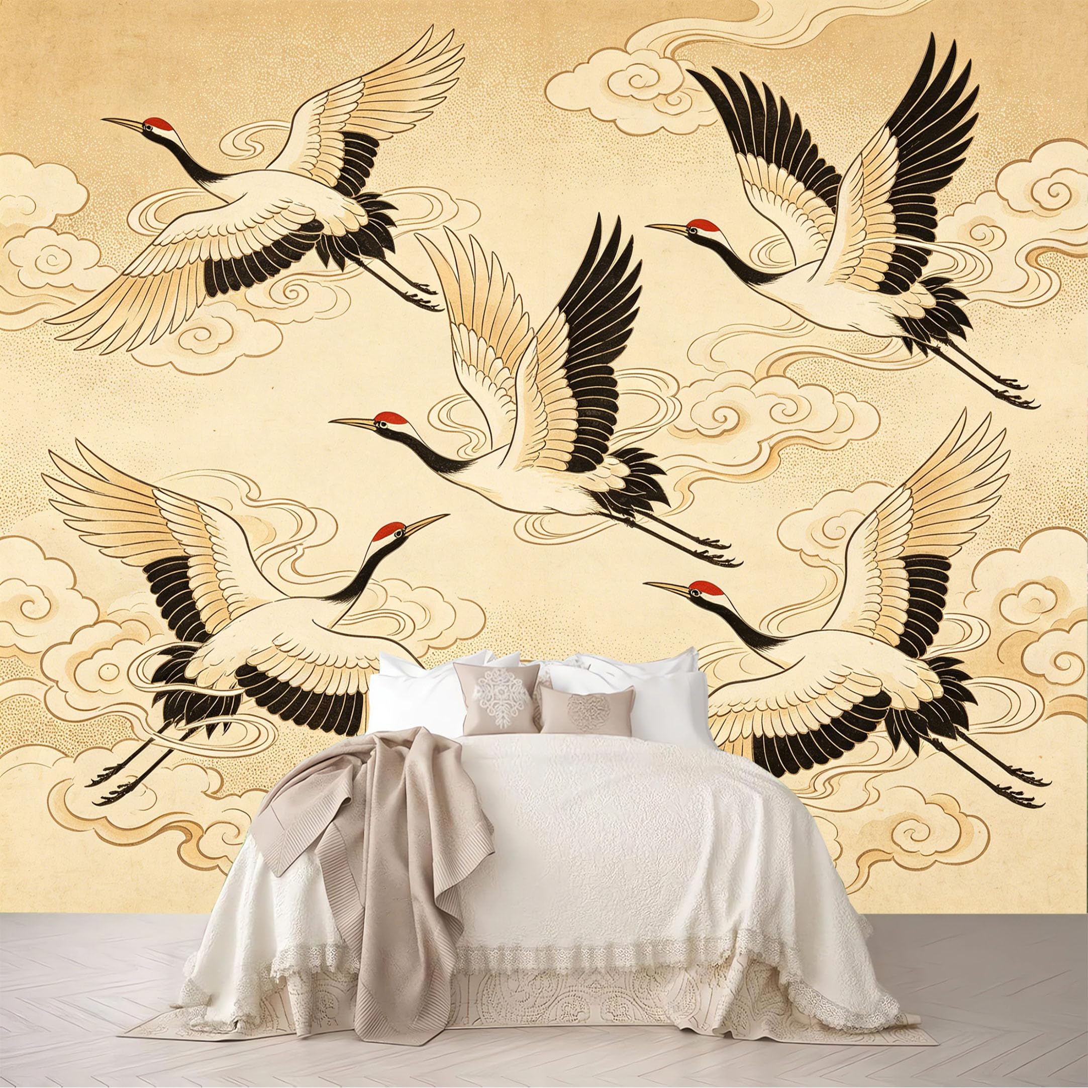 Dskjoviality Ab260706057 Custom Size Wall Mural Vintage Red Crane Cloud Ukiyo-E Print Removable Self Adhesive Peel And Stick Wallpaper For Bedroom Living Room Dining Room
