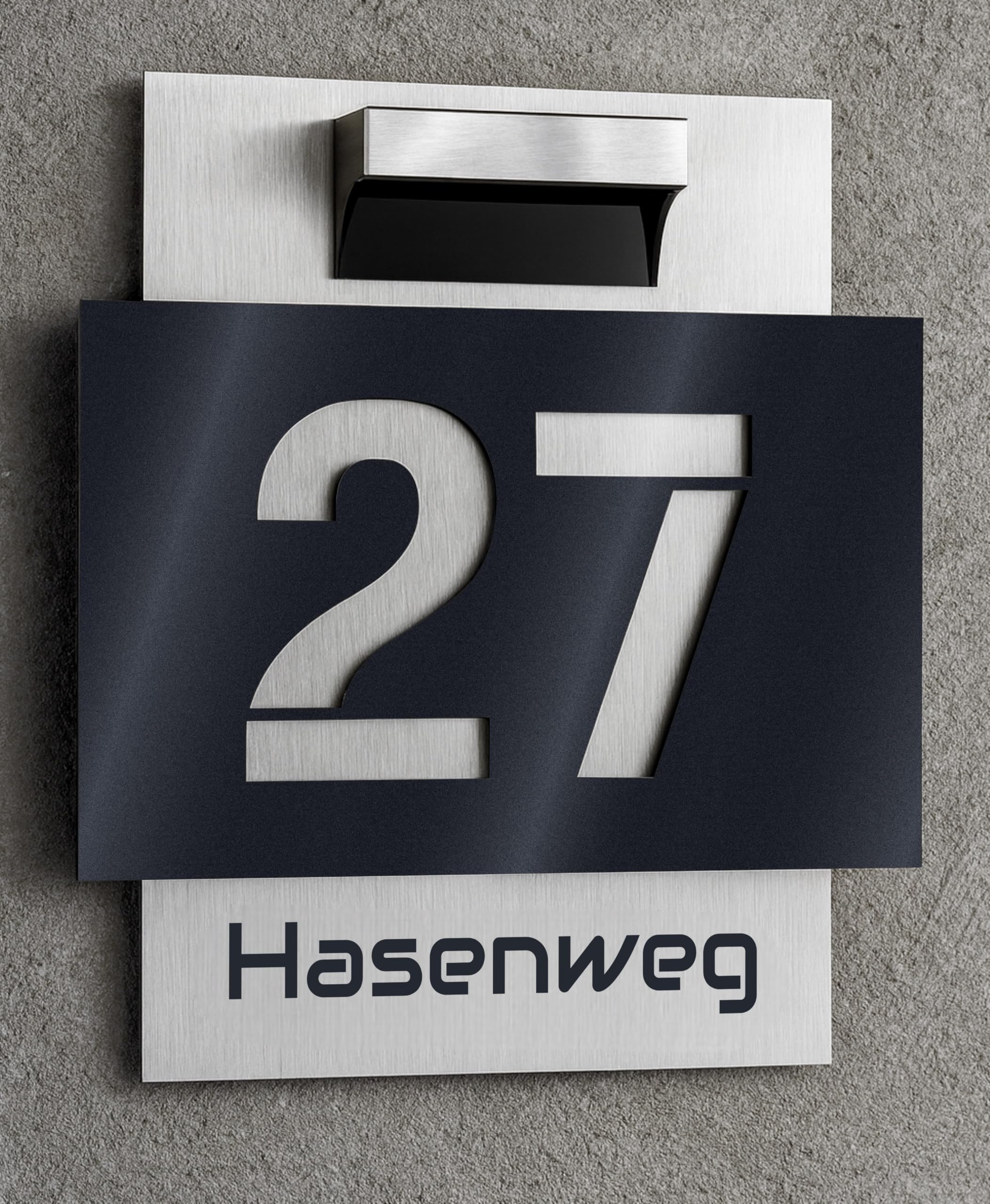 Premium Hausnummer | Aluverbund silber gebürstet und Acrylglas Anthrazit Hochglanz oder Matt | Wahlheise mit Solar LED | individuell anpassbar | Wetterfest - Made in Germany - H1009_27A