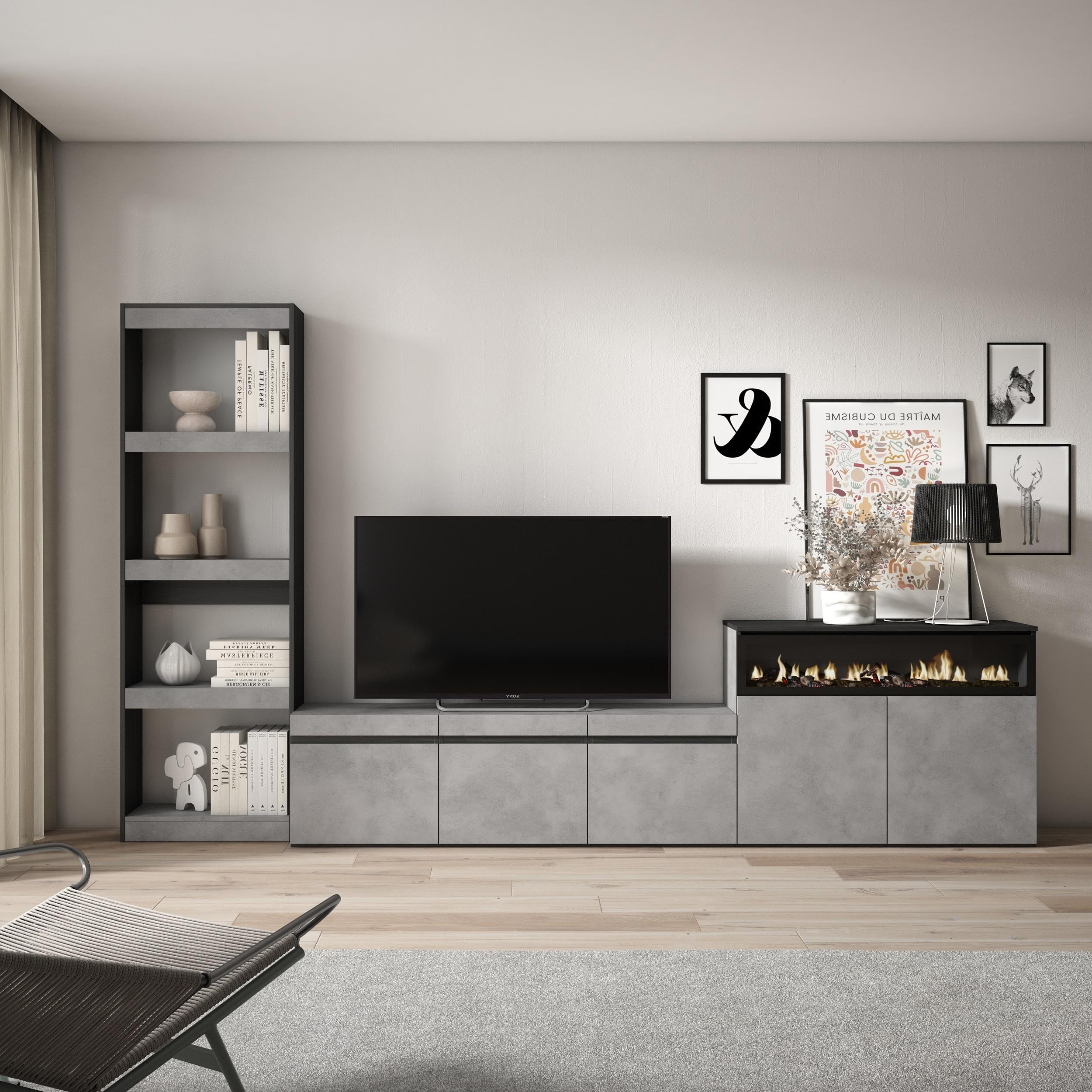 Skraut Home | Muebles de Salón para TV | Conjunto de Muebles Comedor | 310x186x35cm | para TV hasta 65" | Chimenea eléctrica | Estilo Moderno | Cemento