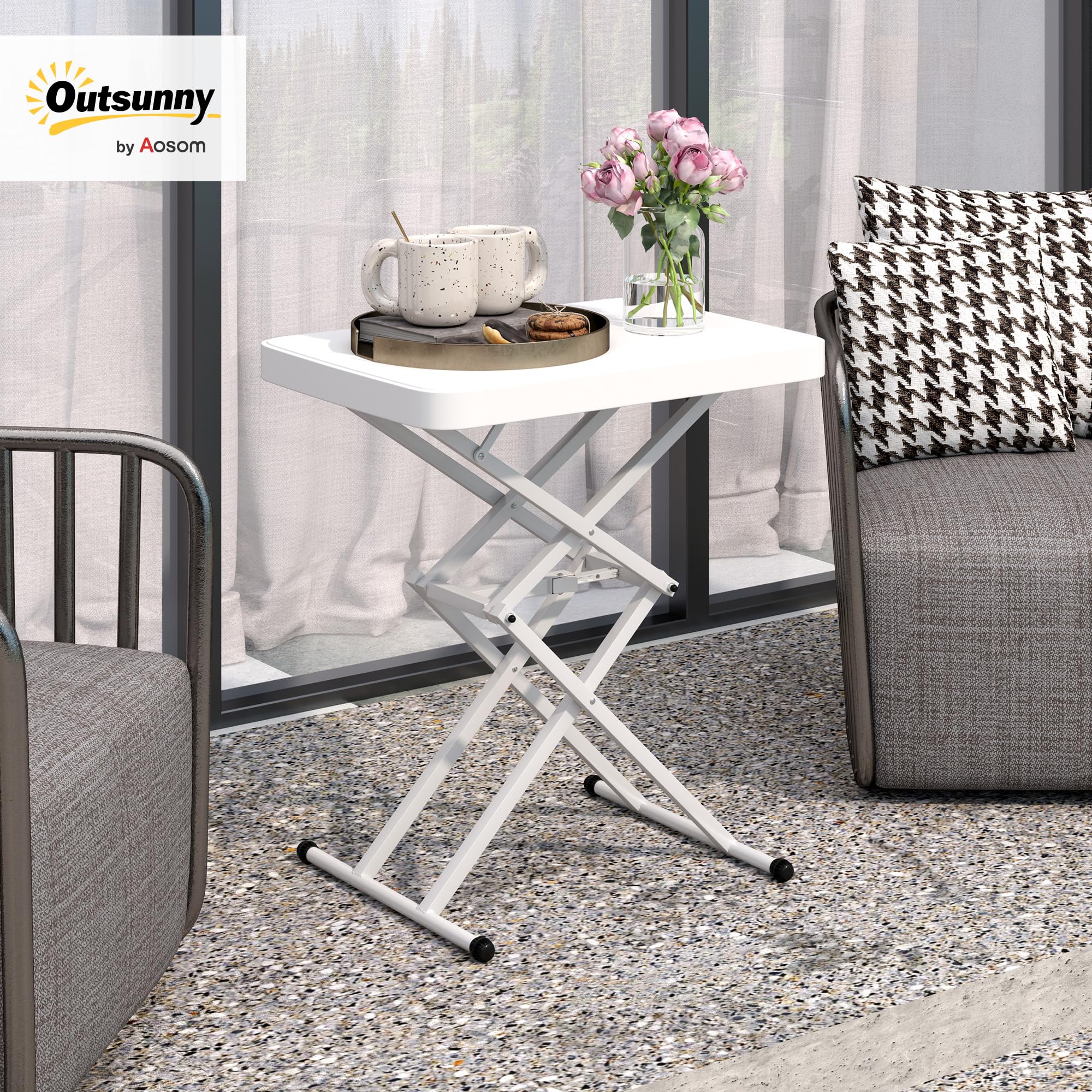 Outsunny Table d'appoint de Jardin Pliable en HDPE, Table Pliante extérieur avec Hauteur réglable sur 5 Niveaux, pour patios et Jardins, 65 x 45 x 70 cm, Blanc
