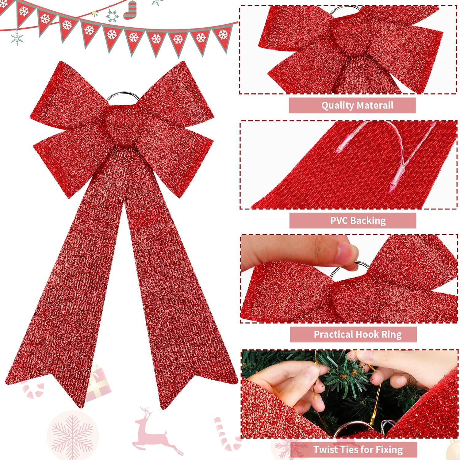 ANVAVO 2 Pieces LED Christmas Bow Christmas Tree Topper Bow Prelit Christmas Bows Decorations with Lights 35"x18" Large Xmas LED Lights Bow Battery Powered Christmas Bows for Wreath Garland, Red